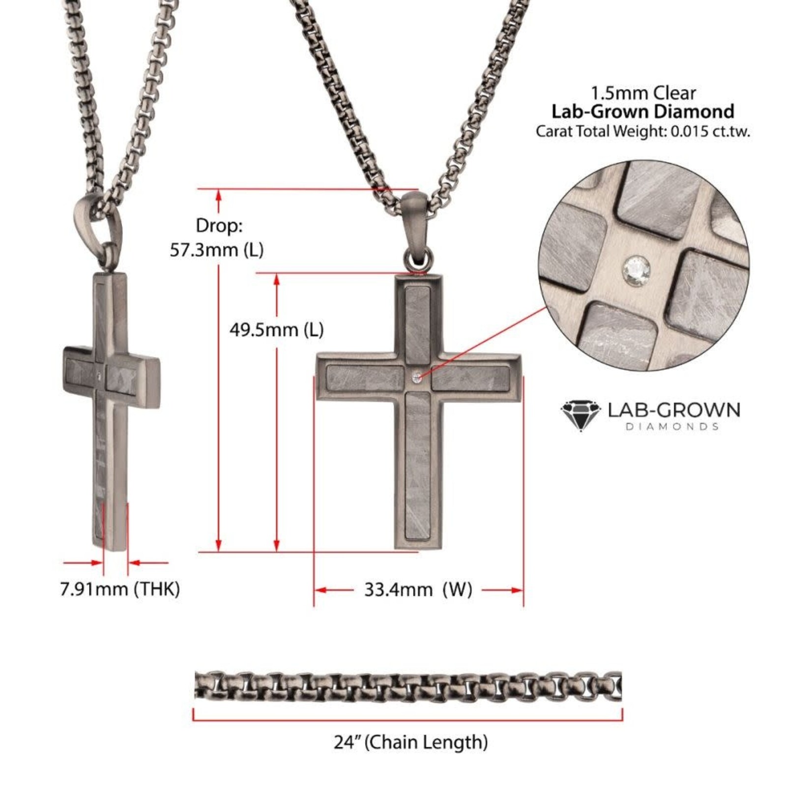 Inox Meteorite Inlay with Lab-Grown Diamond Cross Pendant 24"
