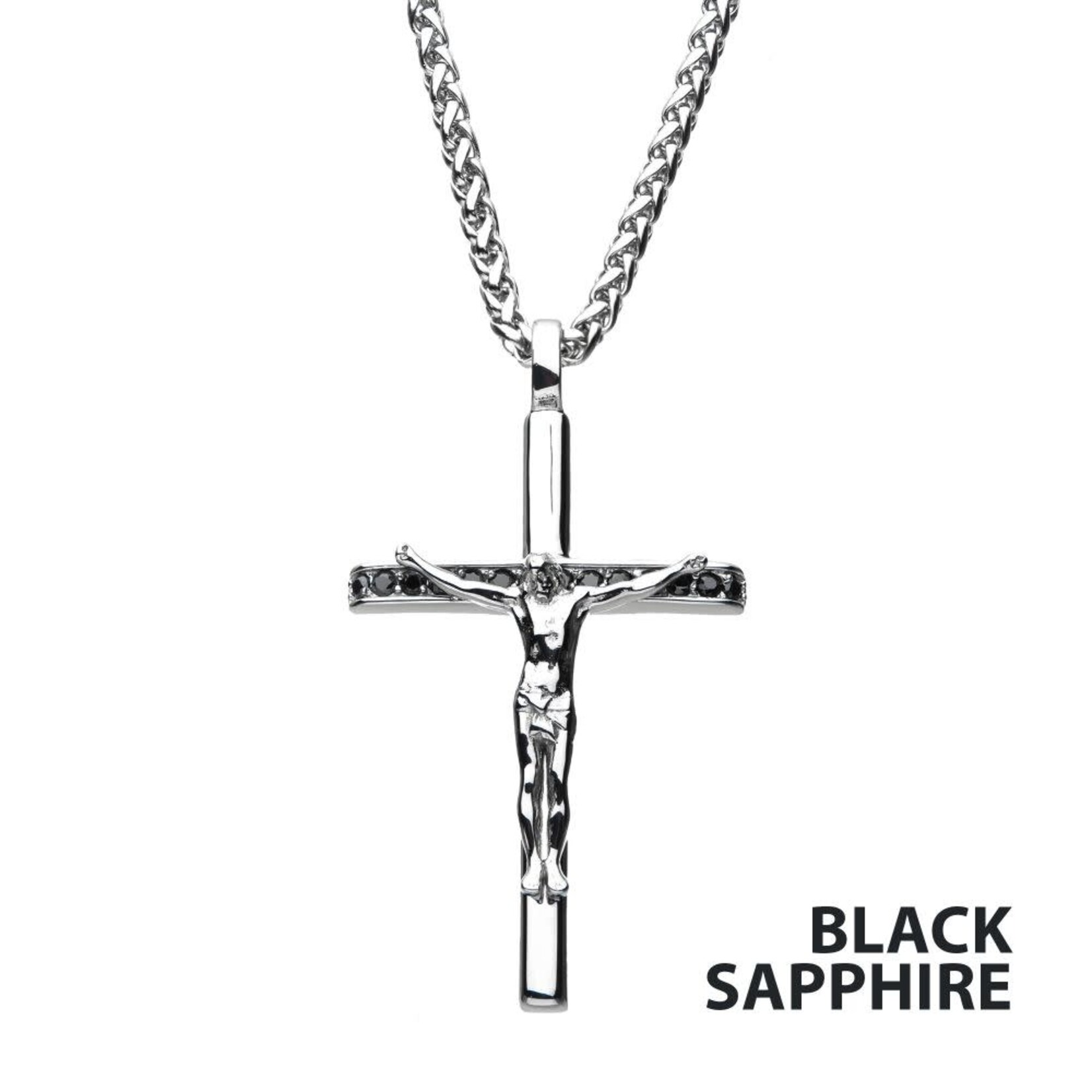 Inox Stainless Steel CNC Set Genuine Black Sapphire Gem Jesus Christ Crucifix Cross Pendant 24"