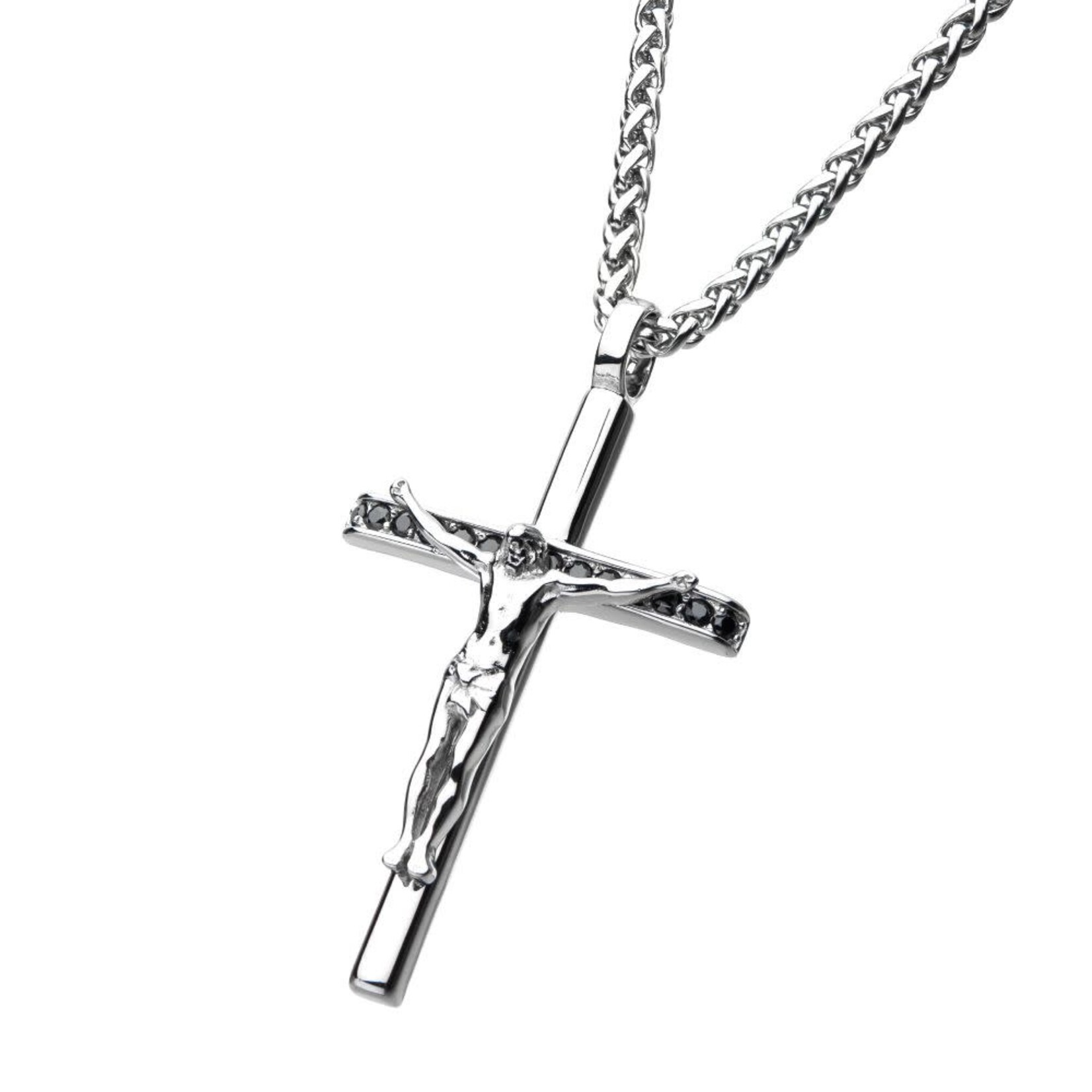Inox Stainless Steel CNC Set Genuine Black Sapphire Gem Jesus Christ Crucifix Cross Pendant 24"
