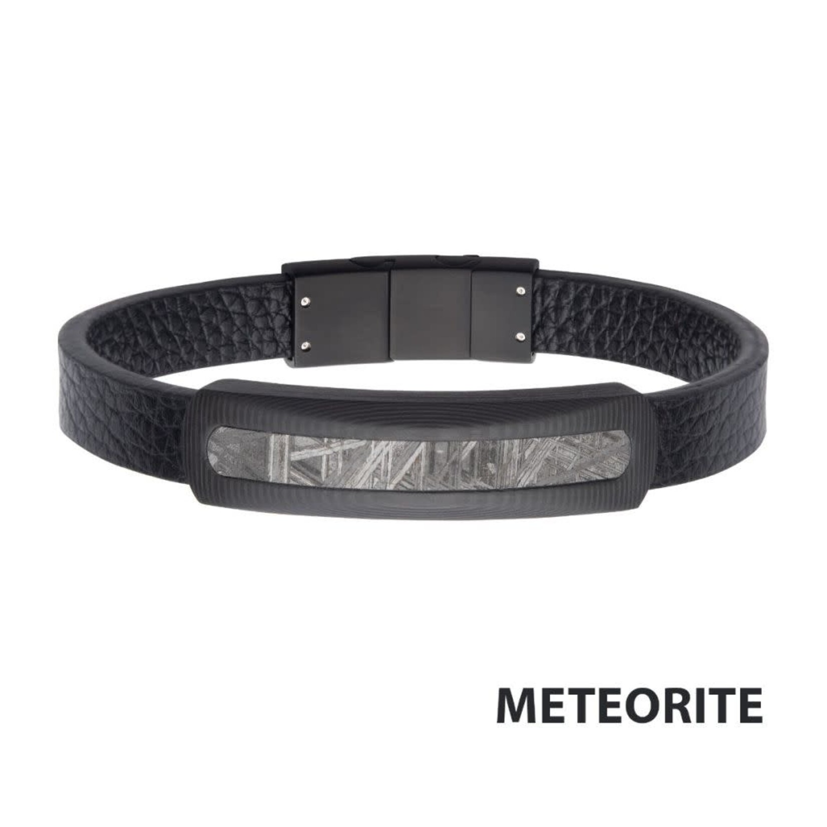Inox Carbon Fiber Meteorite Inlay Black Leather Bracelet 8"