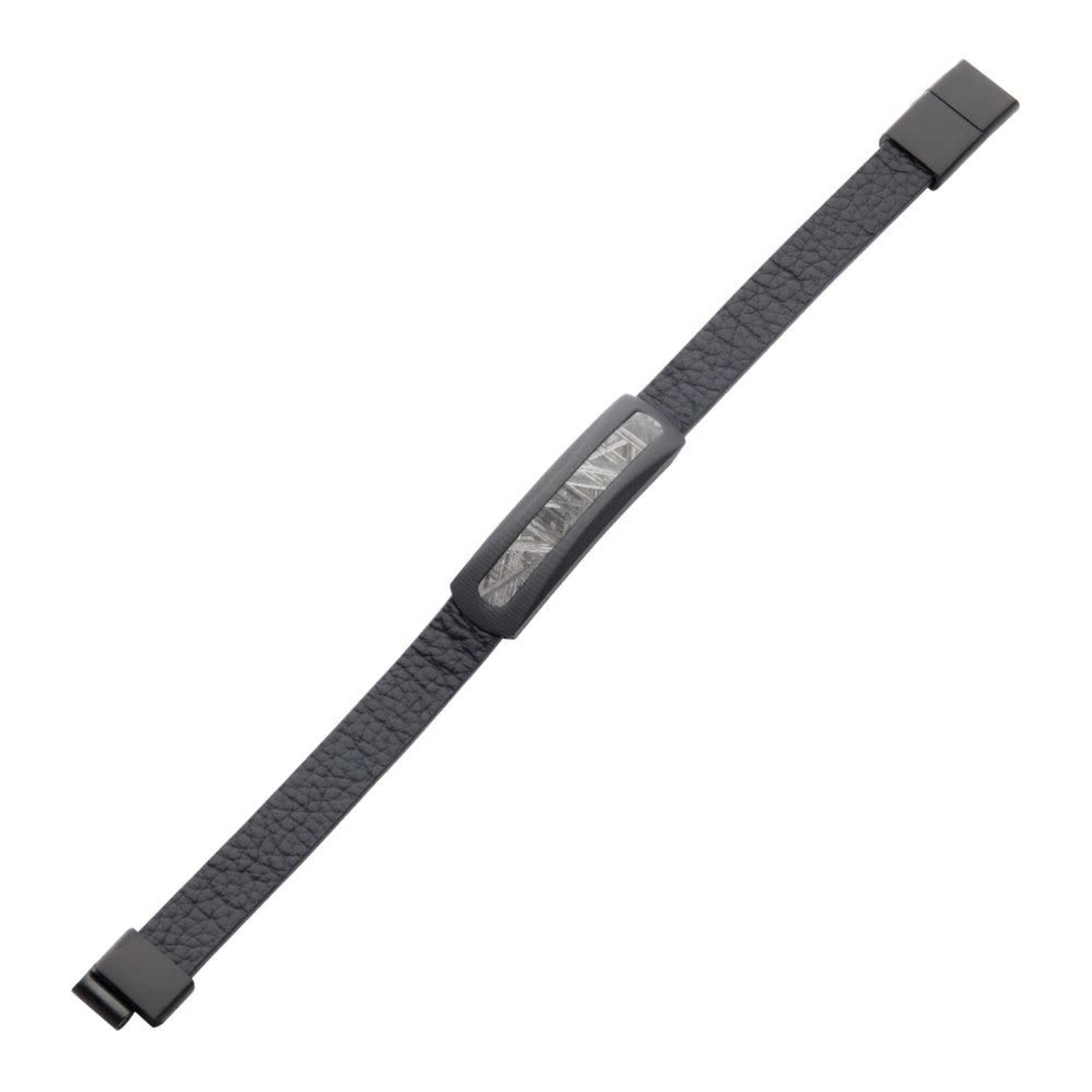 Inox Carbon Fiber Meteorite Inlay Black Leather Bracelet 8"
