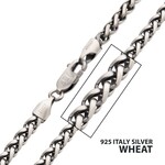 Inox 4mm 925 Italy Silver Black Rhodium Plated Brushed Satin Finish Wheat Chain Necklace 22"