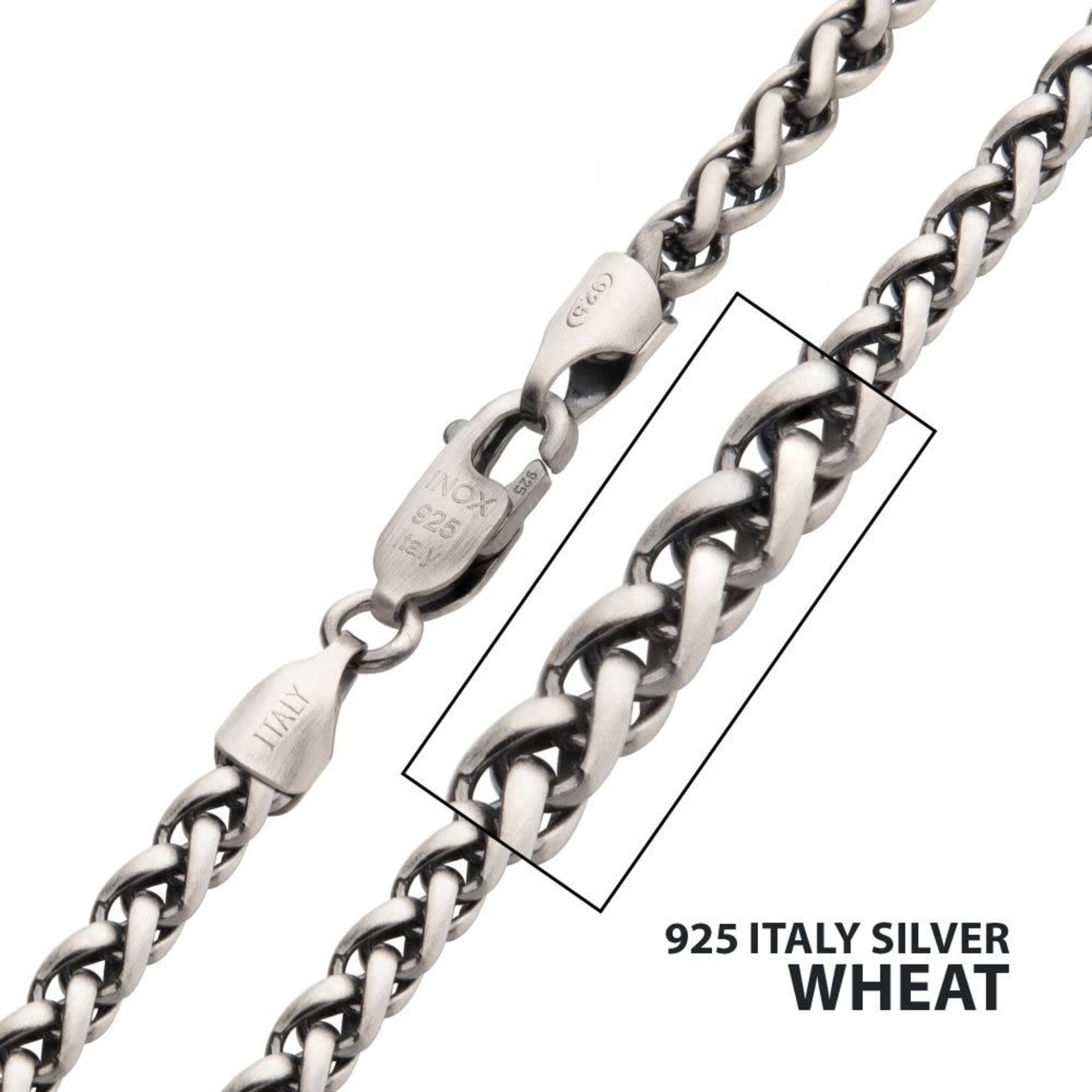 Inox 4mm 925 Italy Silver Black Rhodium Plated Brushed Satin Finish Wheat Chain Necklace 22"