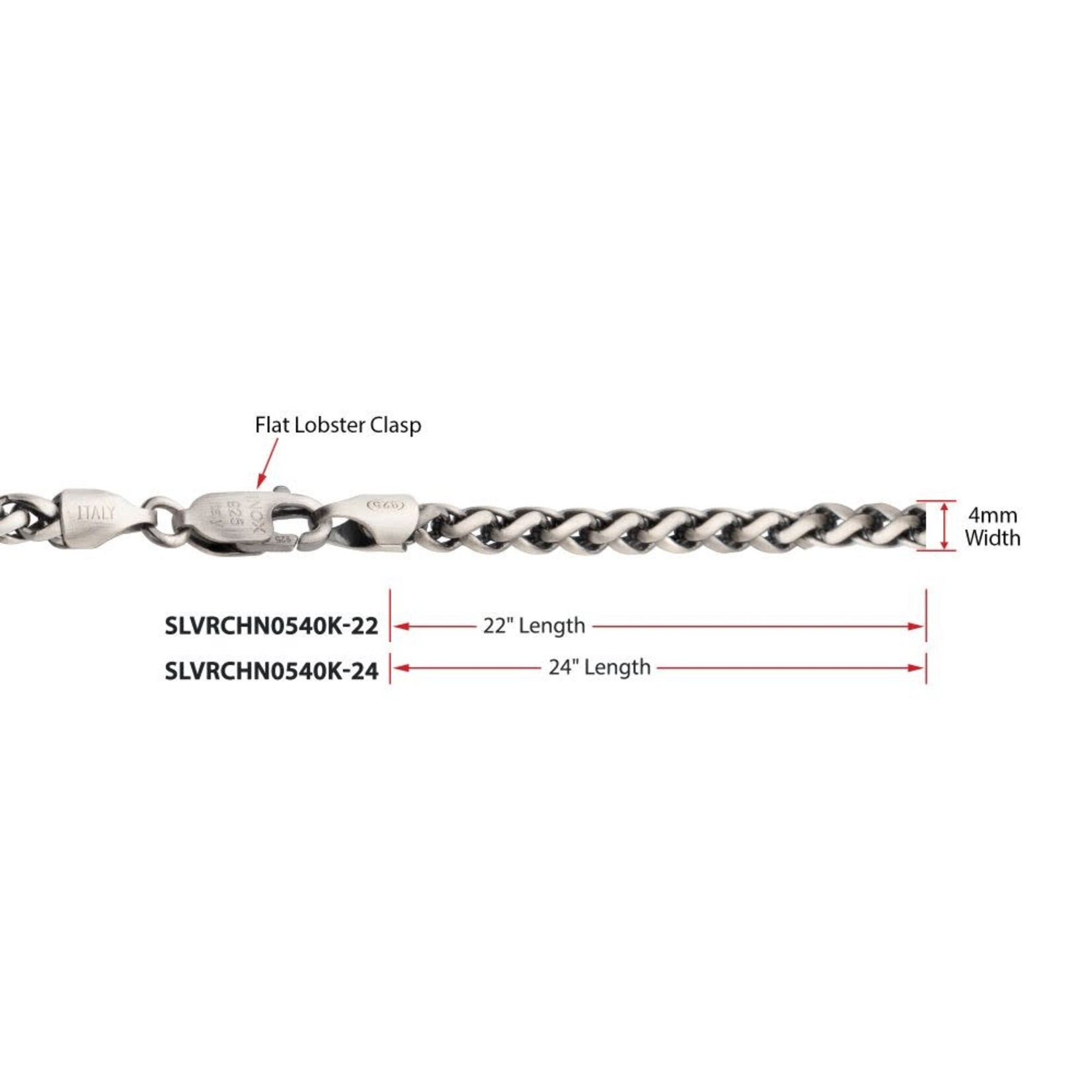 Inox 4mm 925 Italy Silver Black Rhodium Plated Brushed Satin Finish Wheat Chain Necklace 22"