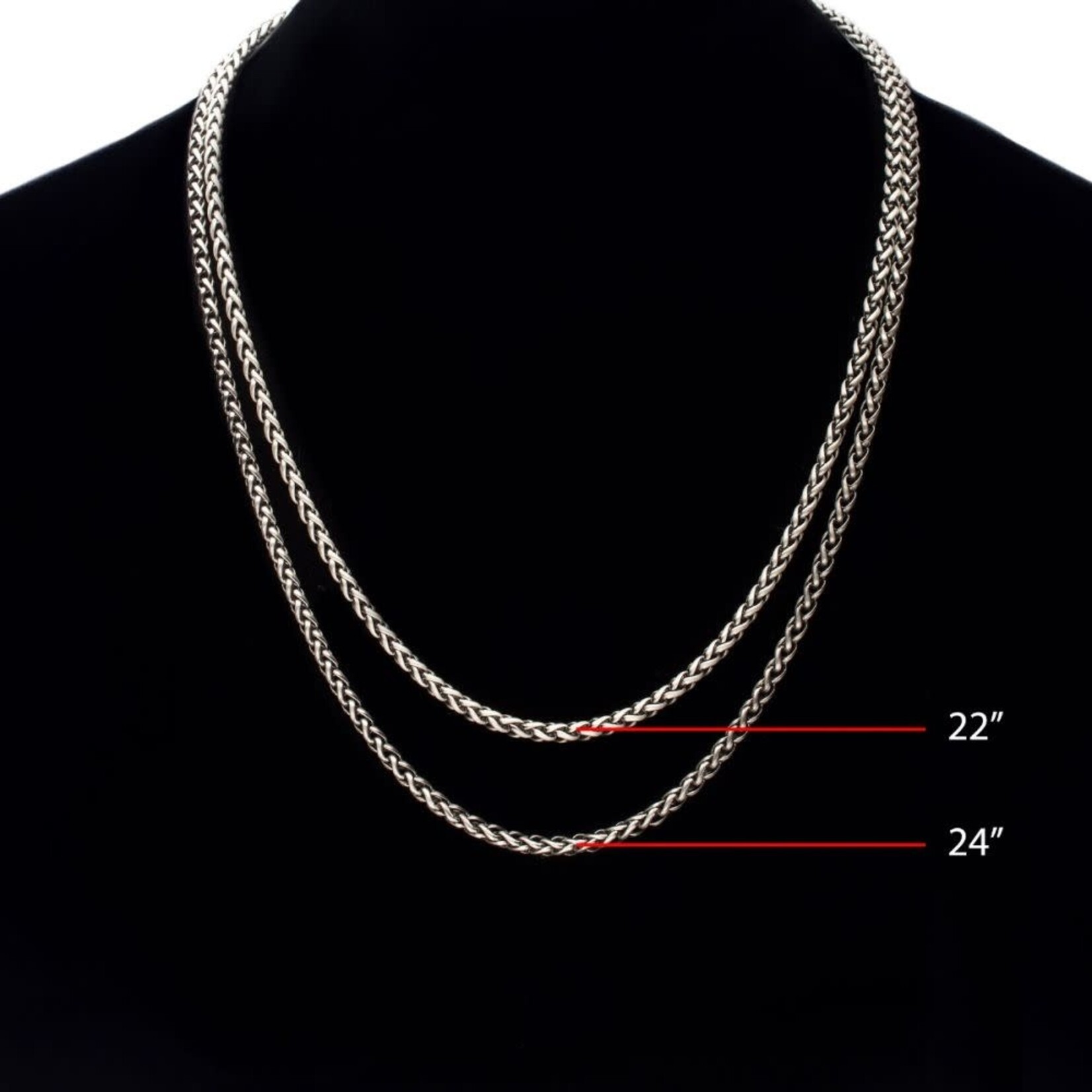 Inox 4mm 925 Italy Silver Black Rhodium Plated Brushed Satin Finish Wheat Chain Necklace 22"