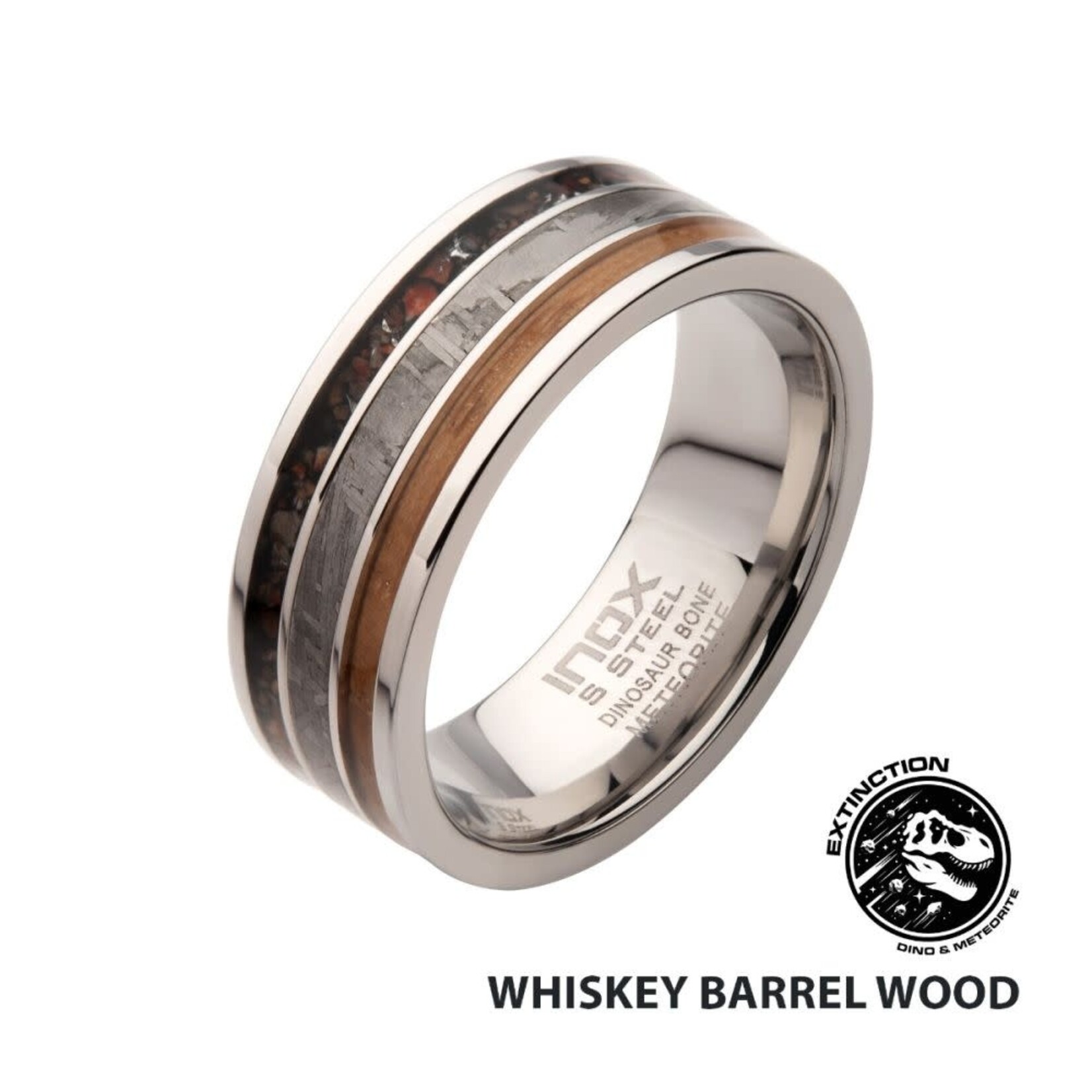 Inox Matte Finish Black Dinosaur Bone, Meteorite & Whiskey Barrel Wood Inlay Comfort Fit Ring