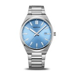 Bering Polished/Brushed Silver Links w/ Blue Face + Date Watch