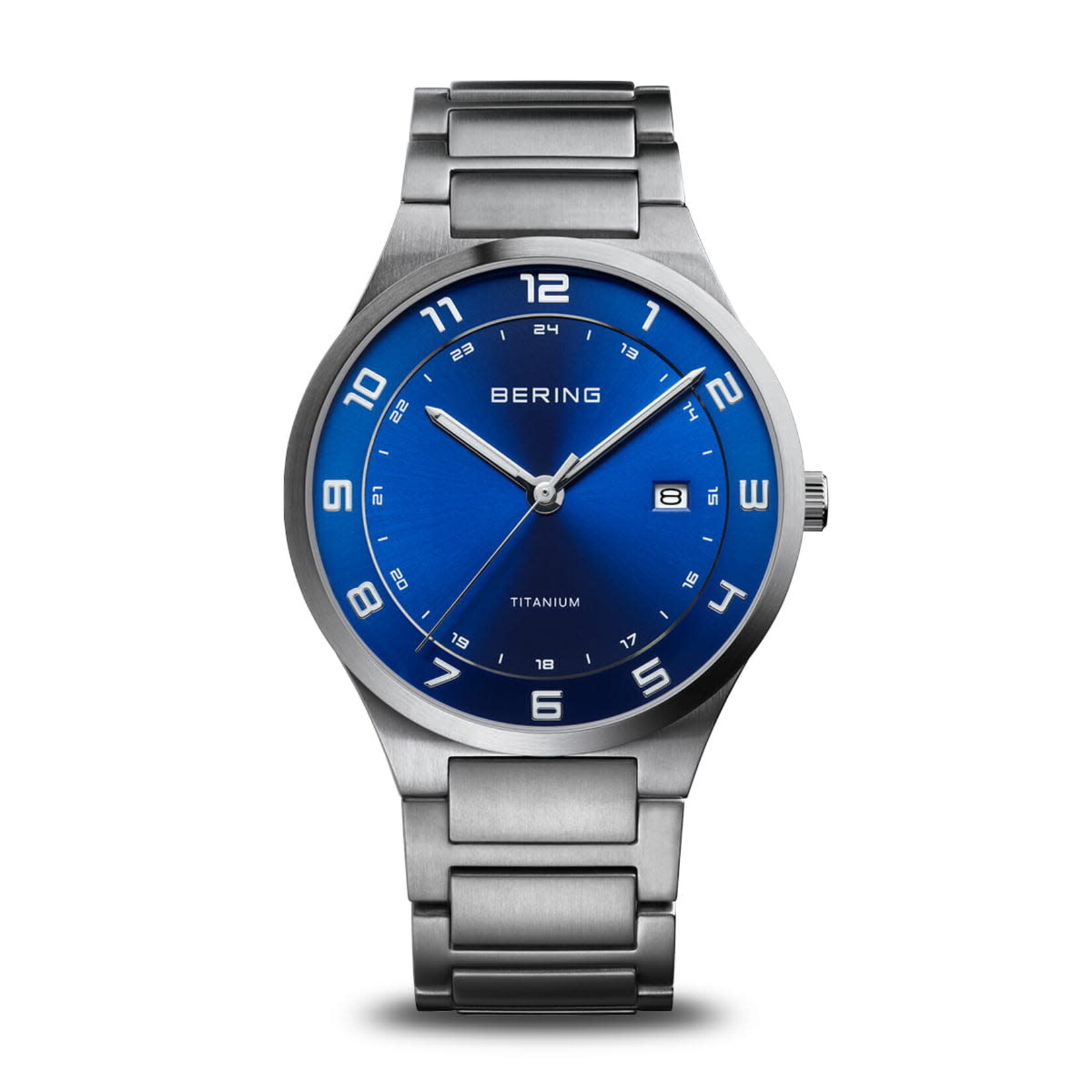 Bering Titanium Brushed Silver Links w/ Blue Face + Date Watch