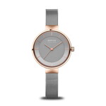 Bering Solar Thin Silver Band w/ Rose Gold Frame Silver Face Watch