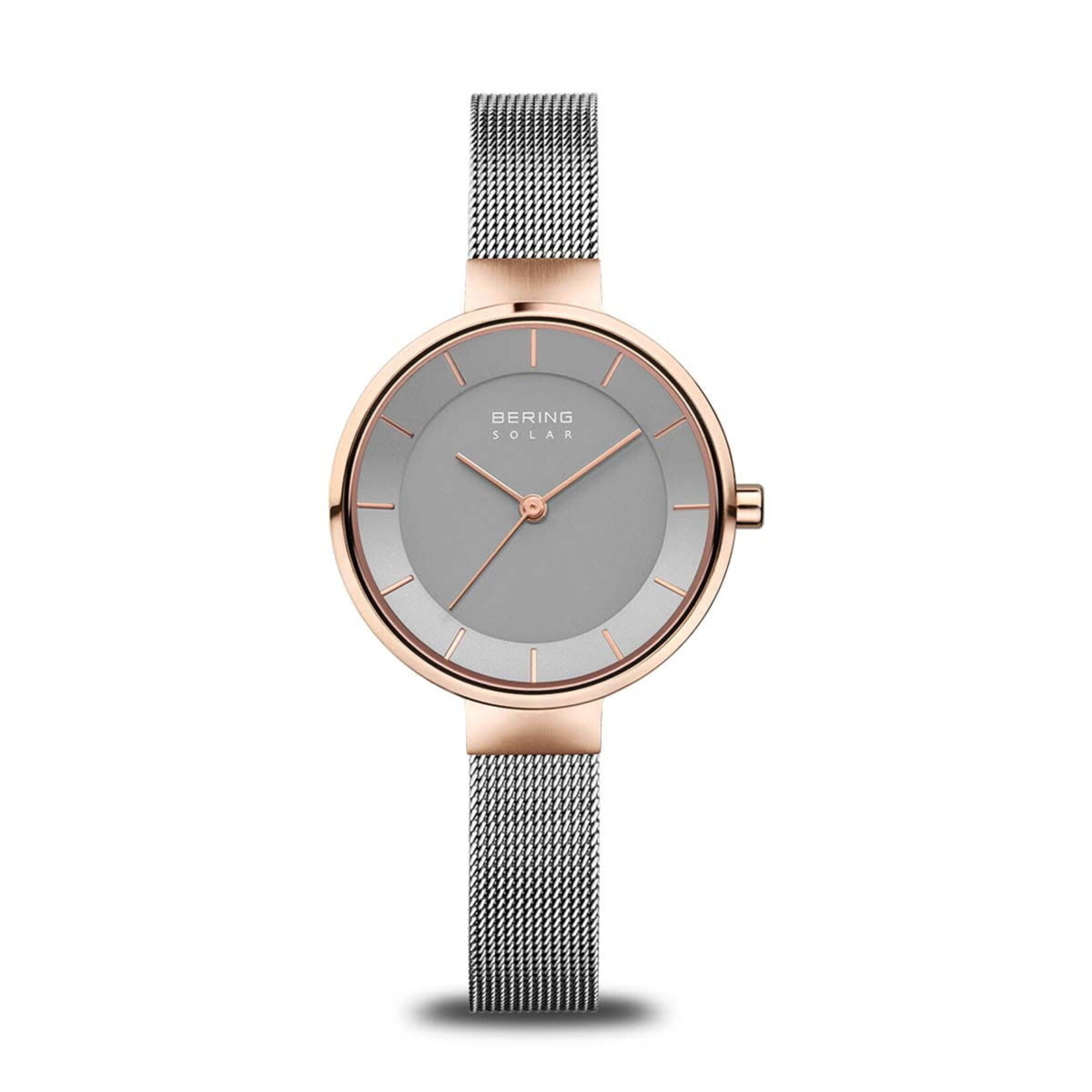 Bering Solar Thin Silver Band w/ Rose Gold Frame Silver Face Watch