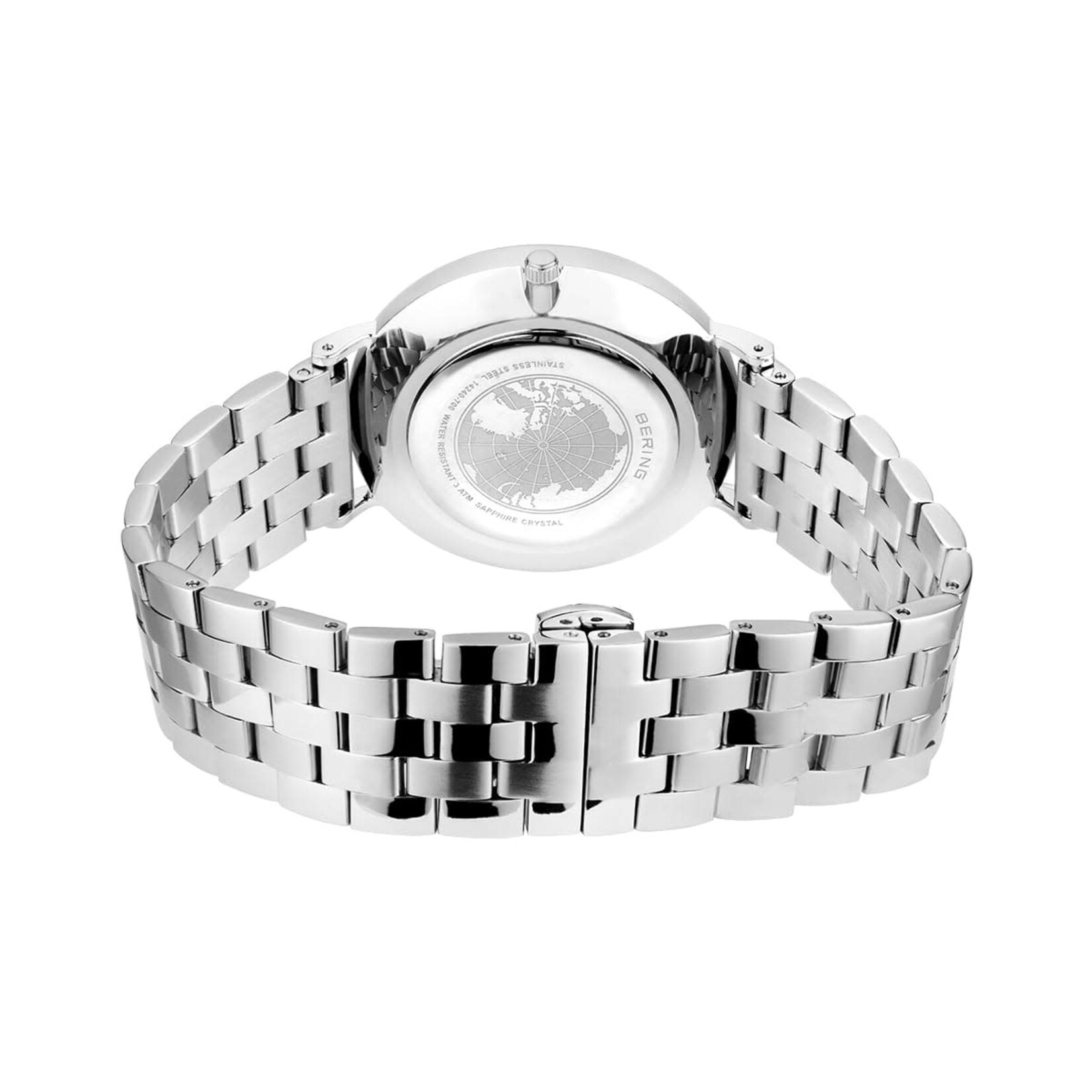 Bering Polished Silver Links w/ Textured White Face + Blue Accent Day/Date Dials Watch