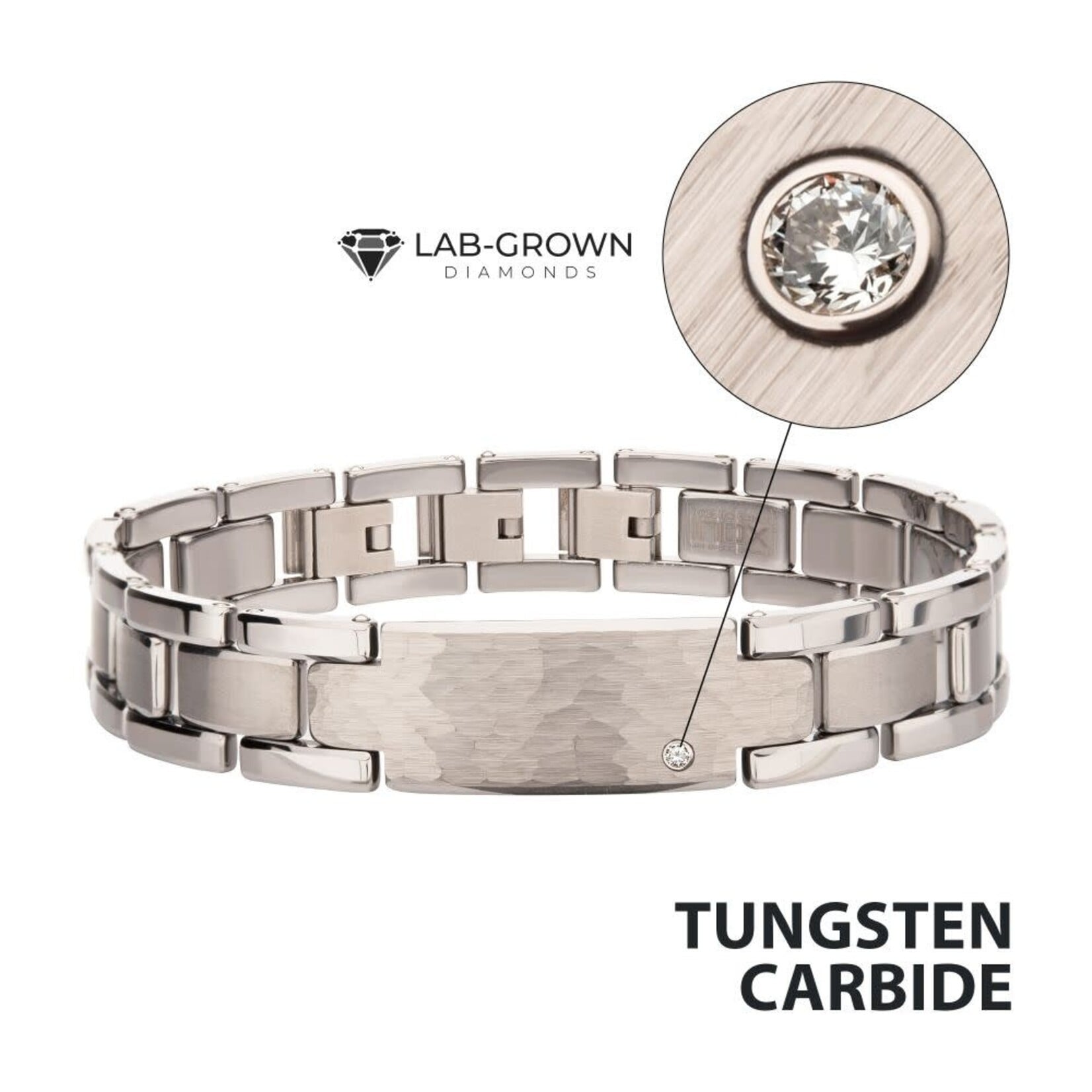 Inox Genuine Lab-Grown Diamond on Tungsten Carbide Hammered ID Sizeable Link Bracelet 8"-9"