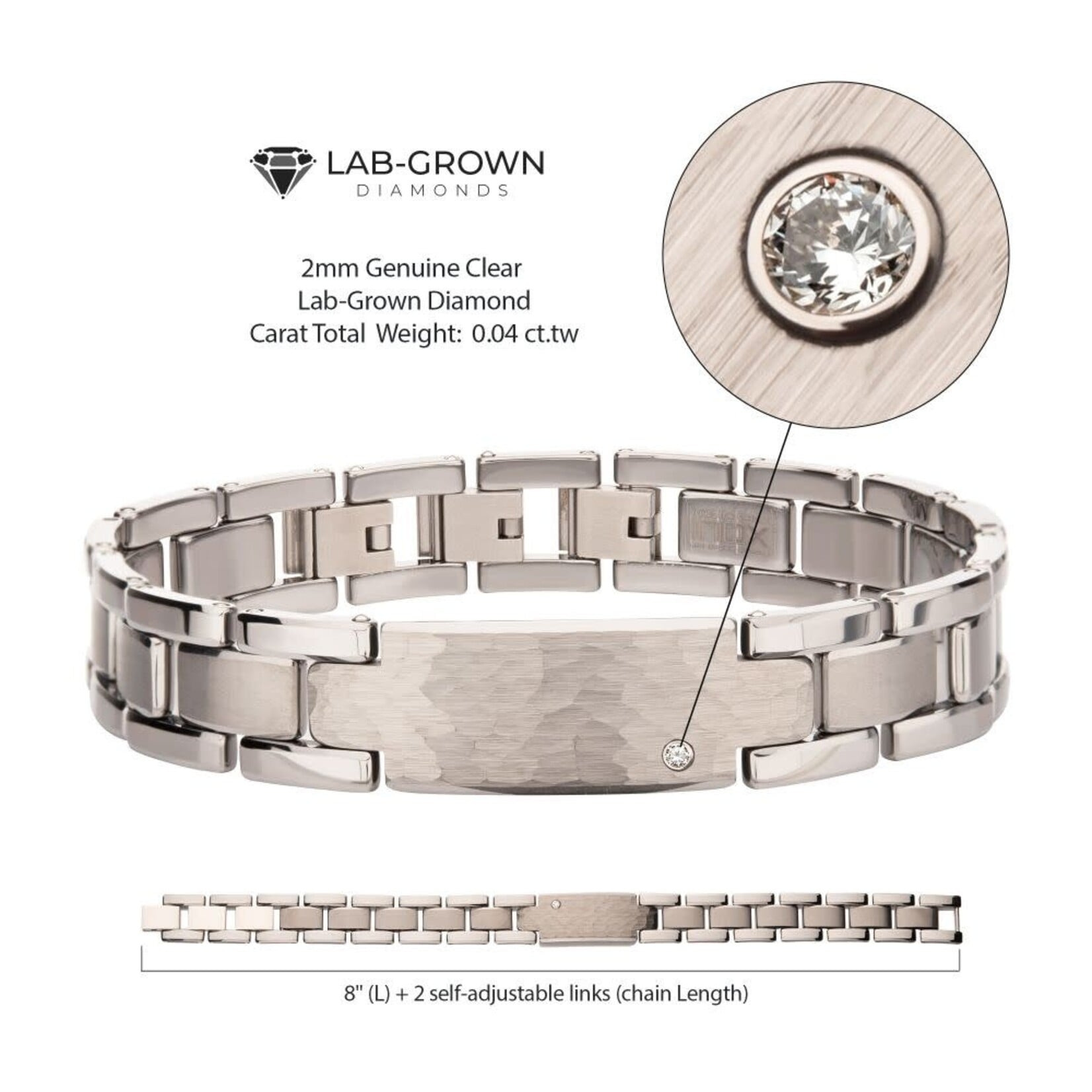 Inox Genuine Lab-Grown Diamond on Tungsten Carbide Hammered ID Sizeable Link Bracelet 8"-9"