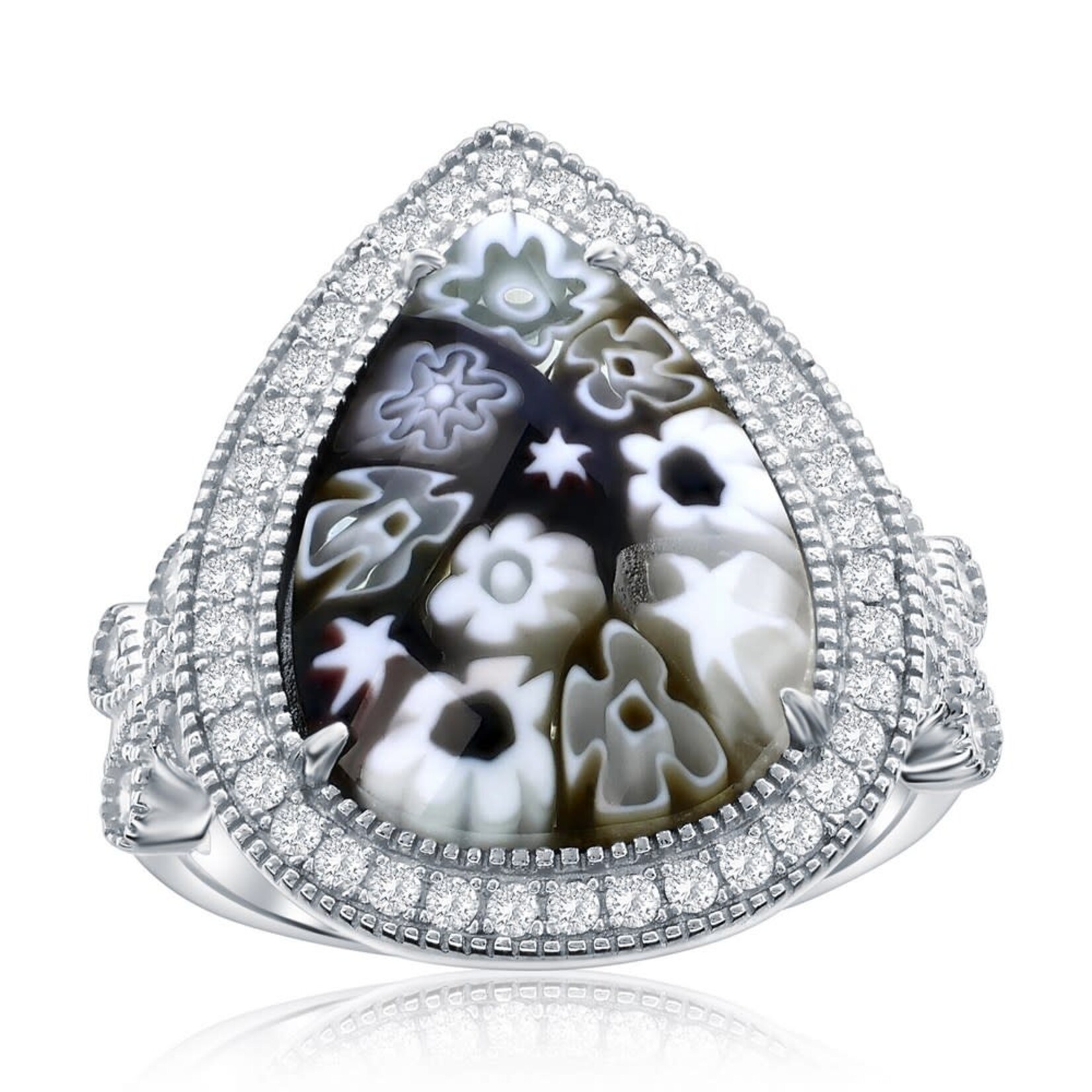 Murano Glass SS Venetian Murano Glass Teardrop Black/White w/CZ Ring - 8