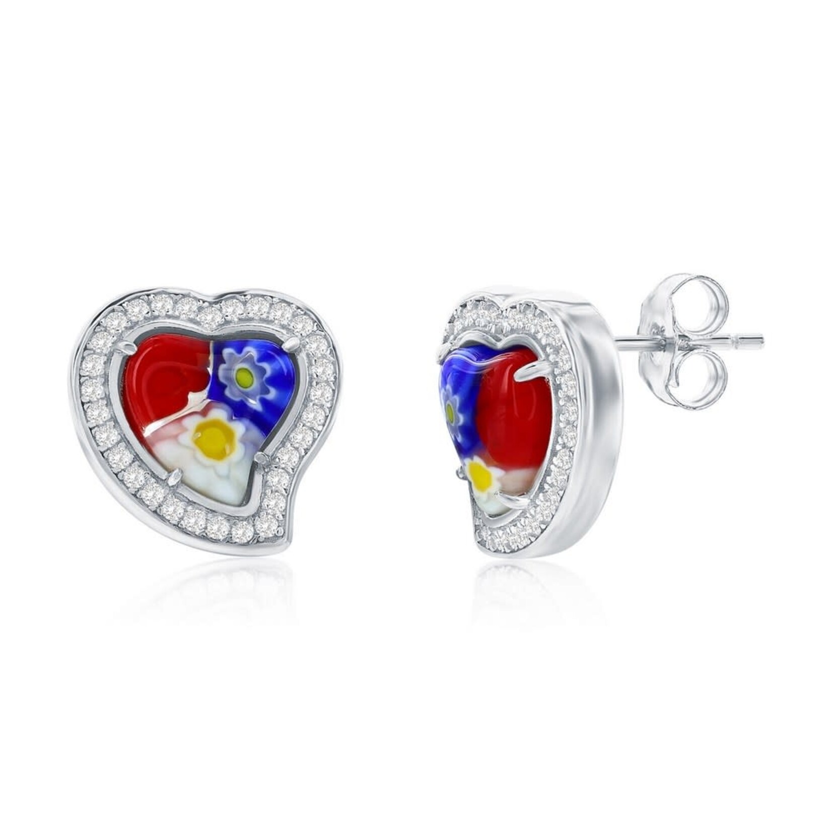 Murano Glass Sterling Silver Venetian Murano Heart w/CZ Earrings - Multi-Color