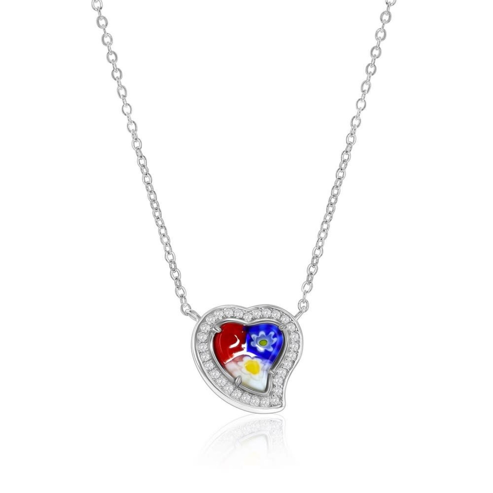 Murano Glass Sterling Silver Venetian Murano Heart w/CZ Necklace - Multi-Color