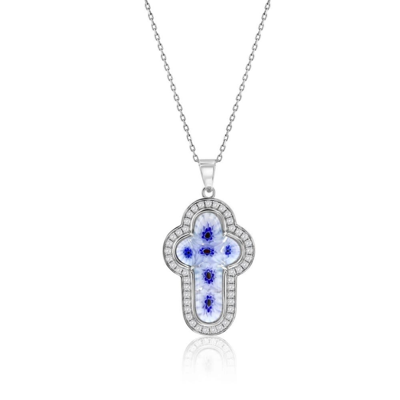 Murano Glass SS Venetian Murano Glass Blue/White w/CZ Cross Necklace