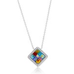 Murano Glass Sterling Silver Venetian Murano Diamond-Shaped w/CZ Necklace - Multi-Color