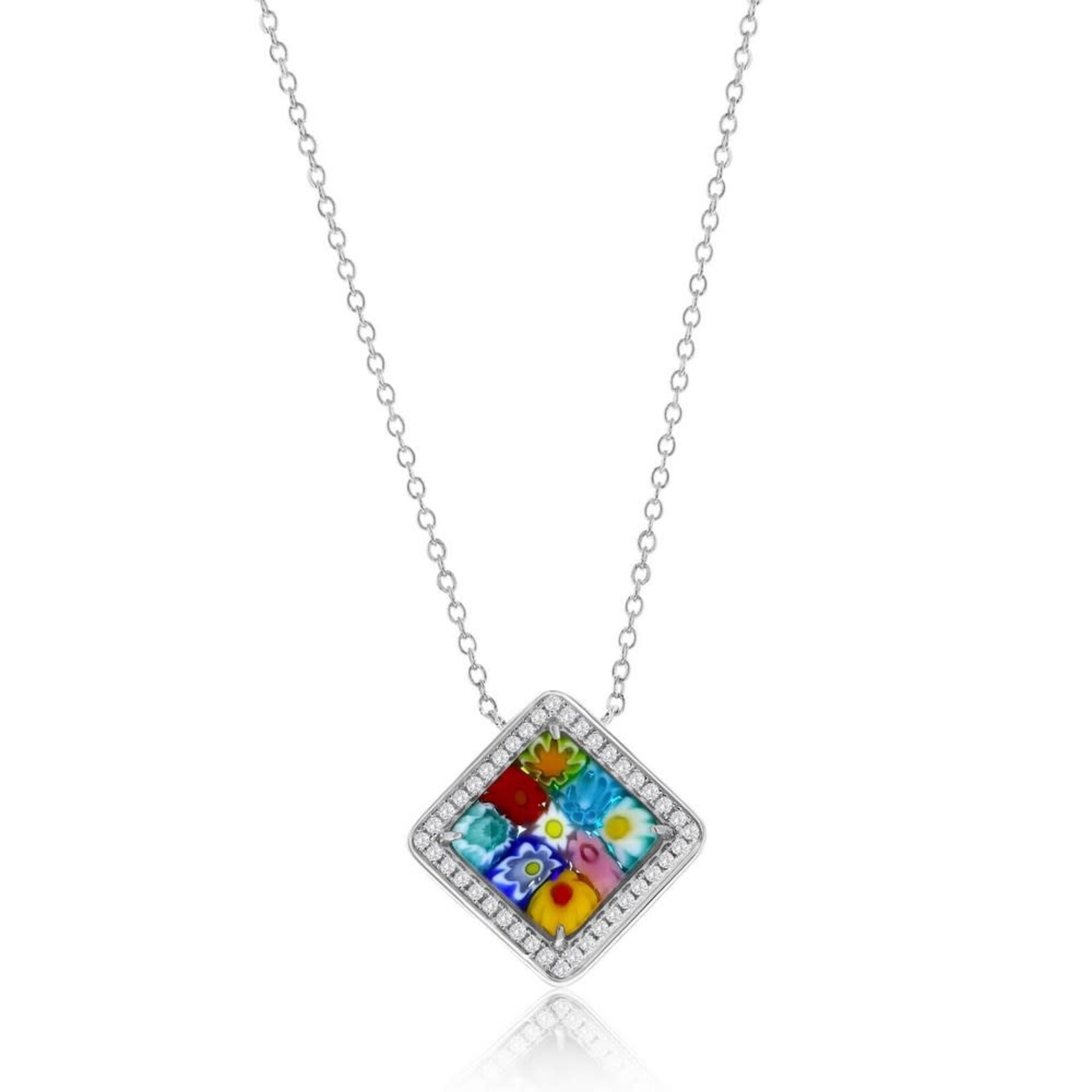 Murano Glass Sterling Silver Venetian Murano Diamond-Shaped w/CZ Necklace - Multi-Color