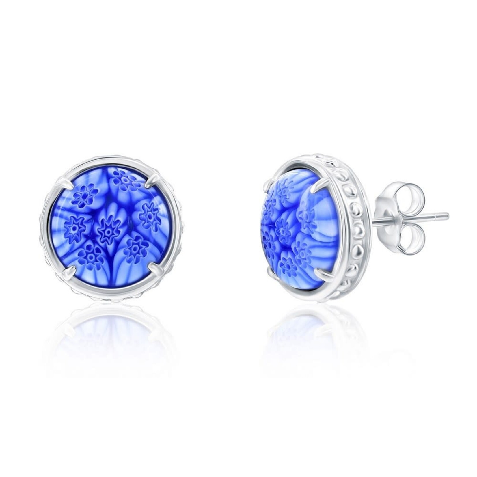 Murano Glass Sterling Silver 12mm Round Venetian Murano Earrings - Blue