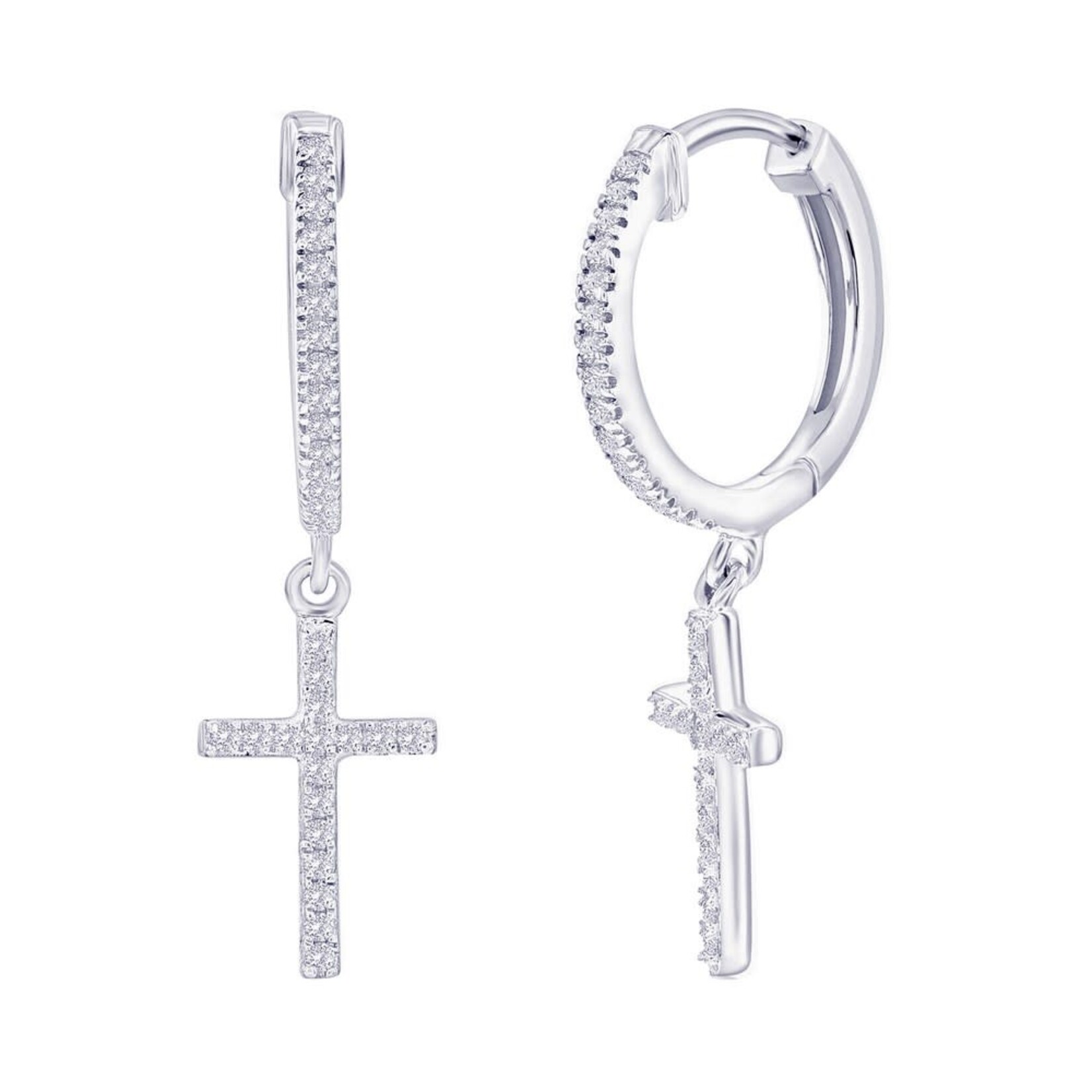 Classic of New York Sterling Silver Cross Charm Diamond Huggies - (50 Stones)