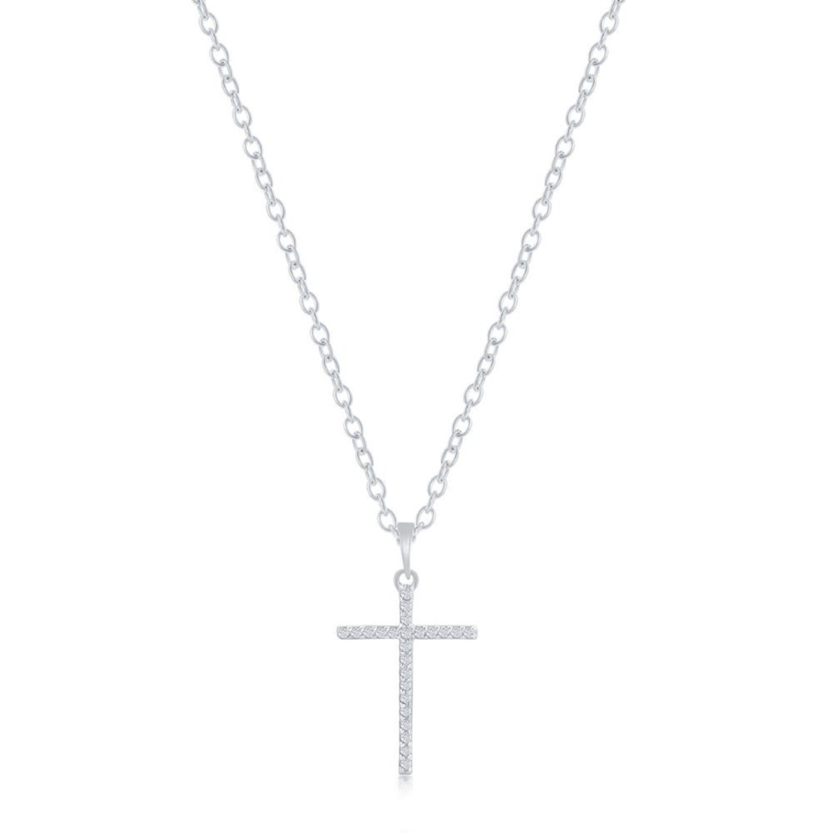 Classic of New York Sterling Silver Diamond Thin Cross Necklace - (24 Stones)