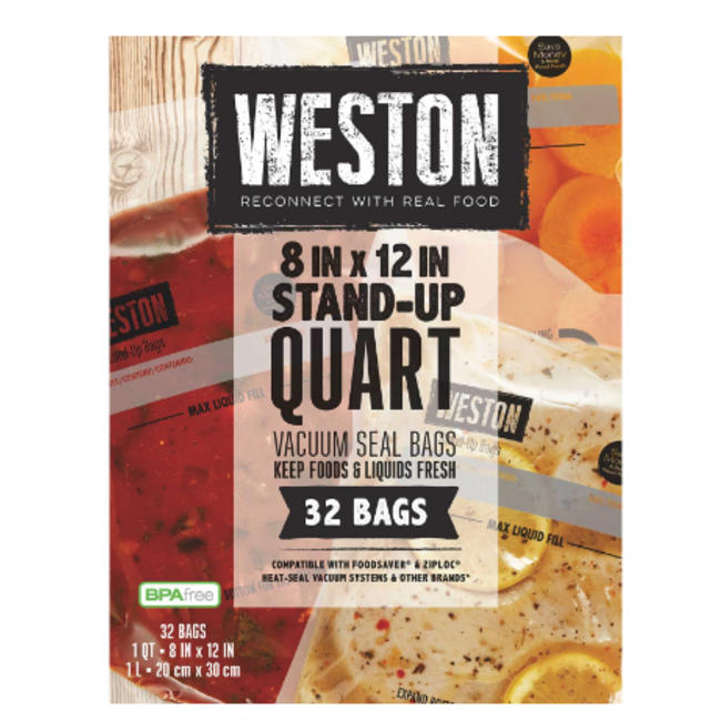 Weston Vac Sealer Bags 8" x 12" (Qt), Easy Fill, 32 ct