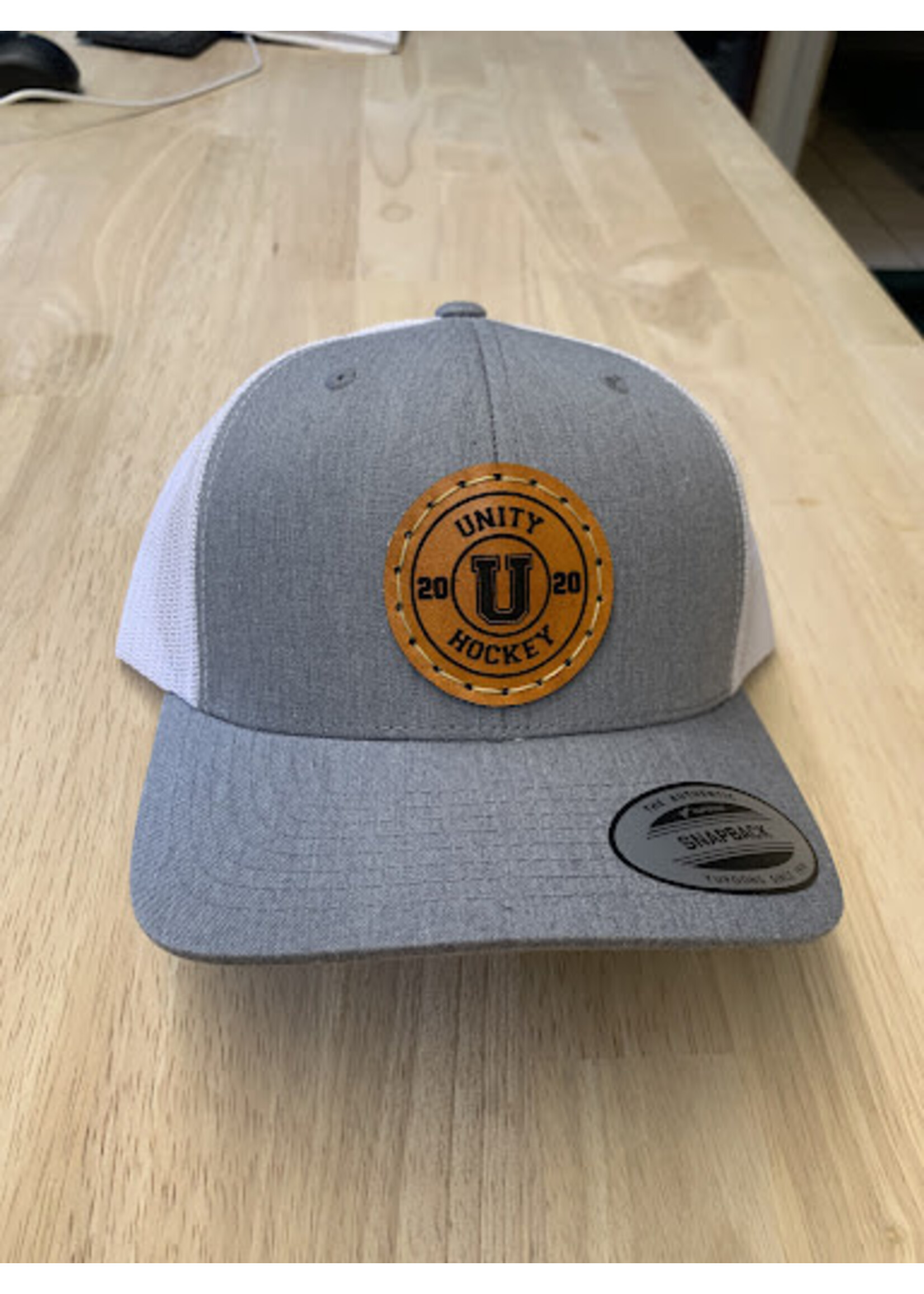 Unity Hockey  Circle Logo Leather Patch SnapBack Trucker Hat-Grey & White