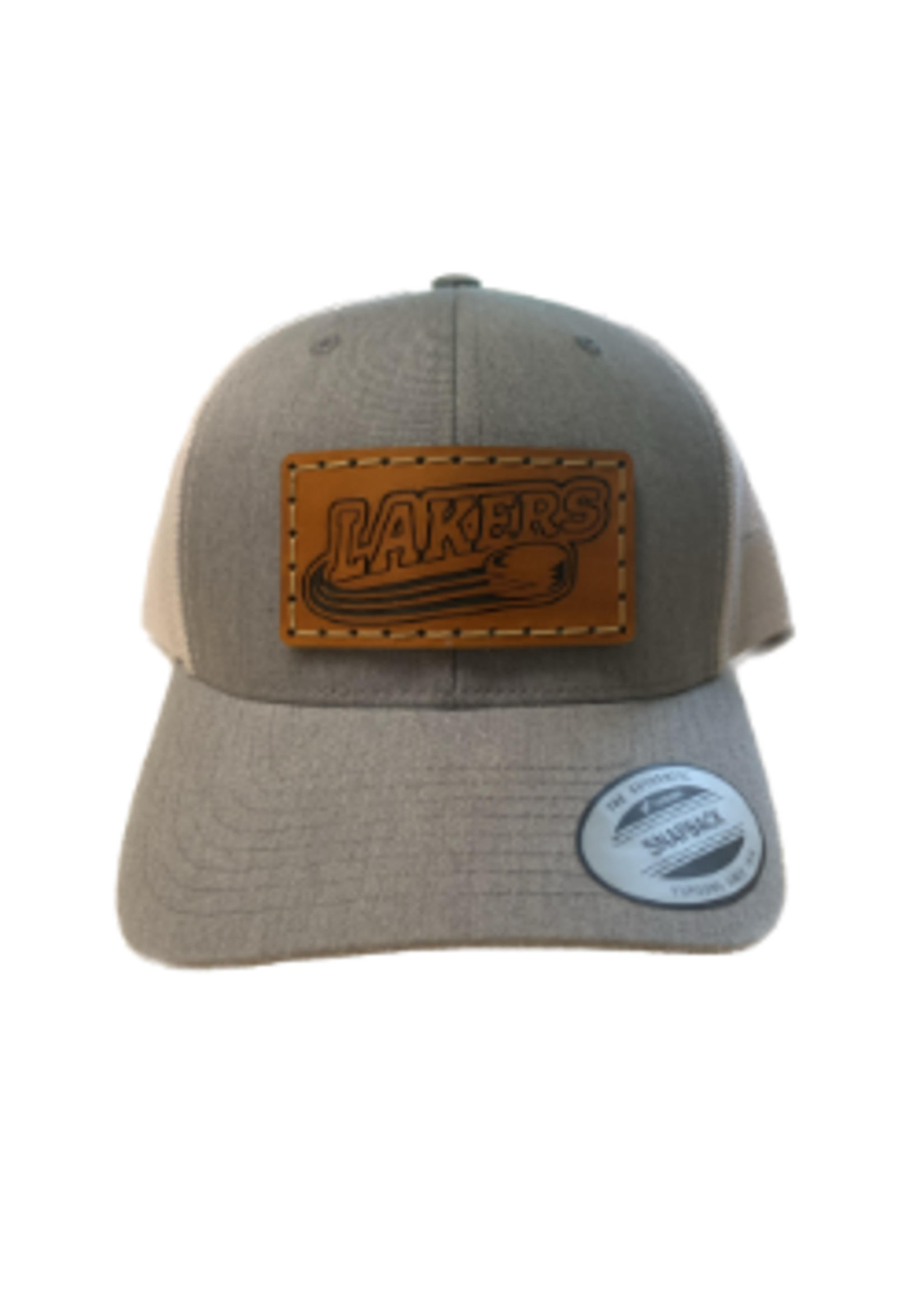 Sara-Placid Lakers Hockey Leather Patch Lakers Logo Grey & White Trucker