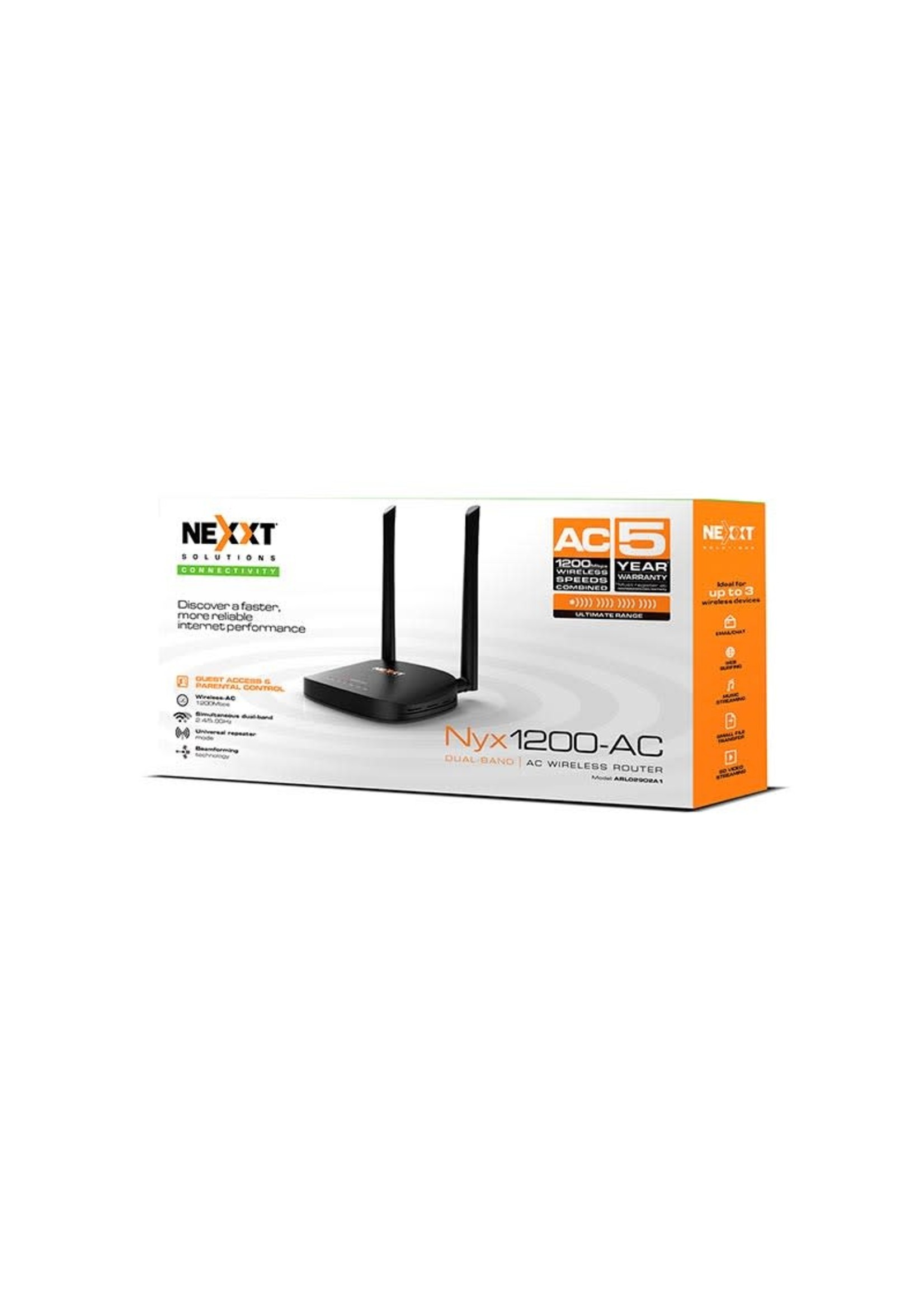 Nexxt Nyx 1200-AC– Wireless router – Wireless – 802.11a/b/g/n/ac –Desktop – 1200Mbps - 1WAN, 2LAN 10/100Mbps  ARNEL904U1