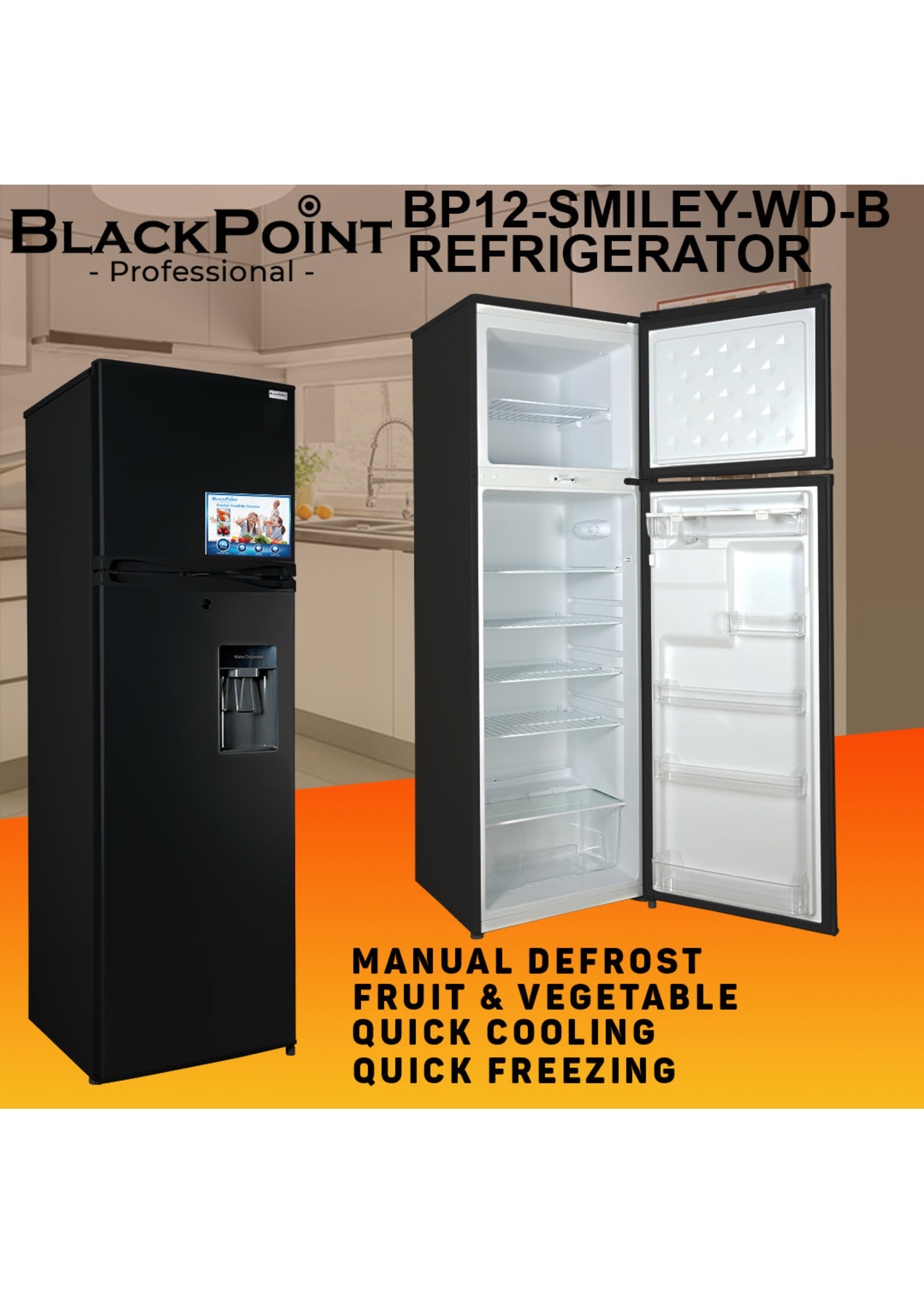 BP12-SMILEY-WD-B FROST BLACKPOINT FRIDGE--FROST-- WATER DISP -- SMILEY -- BLACK