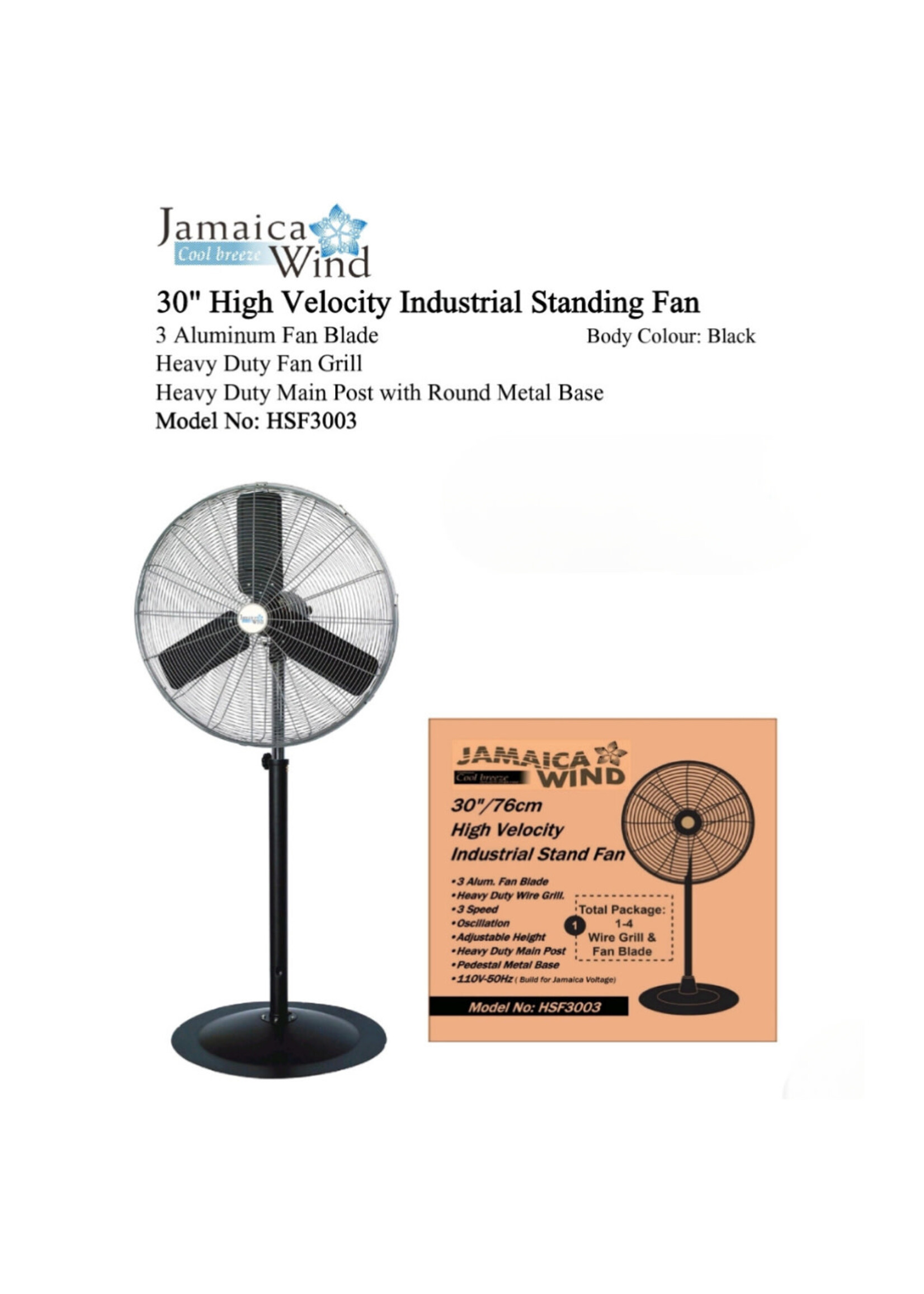 HSF3003 30" HIGH VELOCITY INDUSTRIAL STANDING FAN 3 ALUMINIUM BLADE HEAVY DUTY FAN GRILL