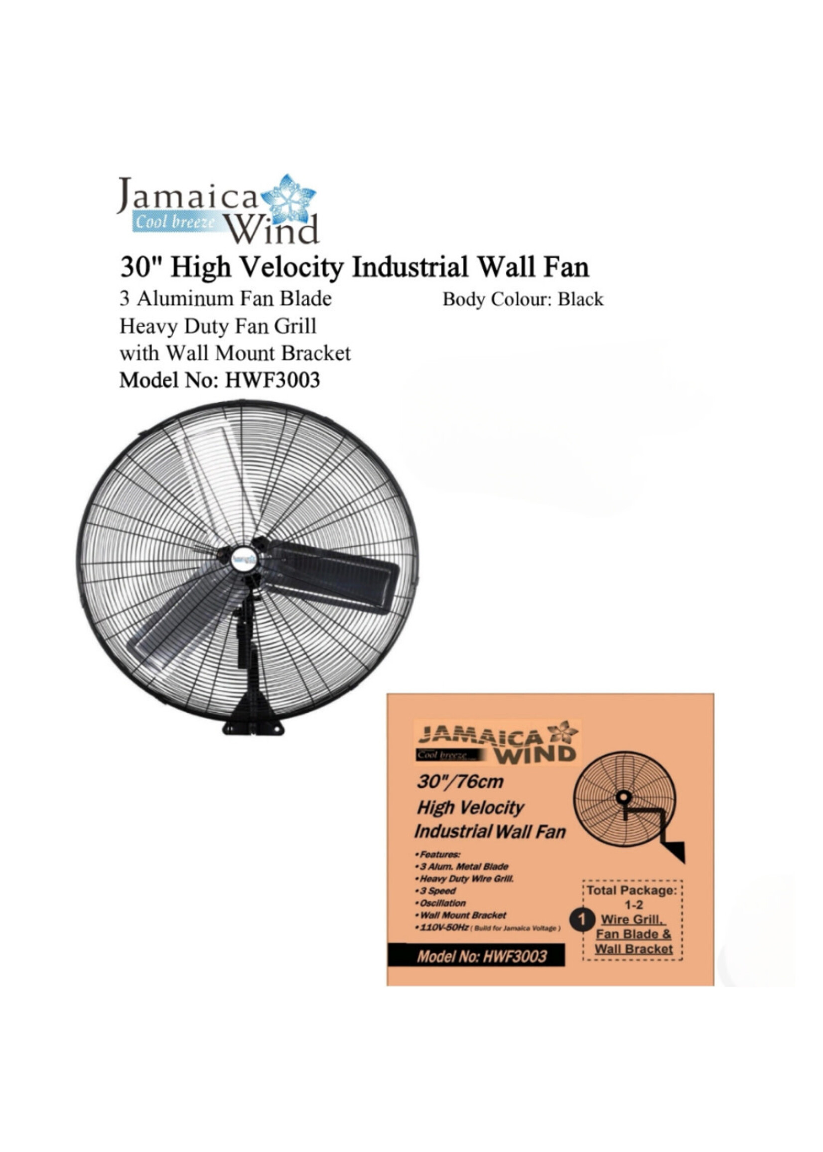 HWF3003 30" HIGH VELOCITY INDUSTRIAL 3 ALUMINIUM FAN BLADE WALL FAN  WITH WALL MOUNT BRACKET