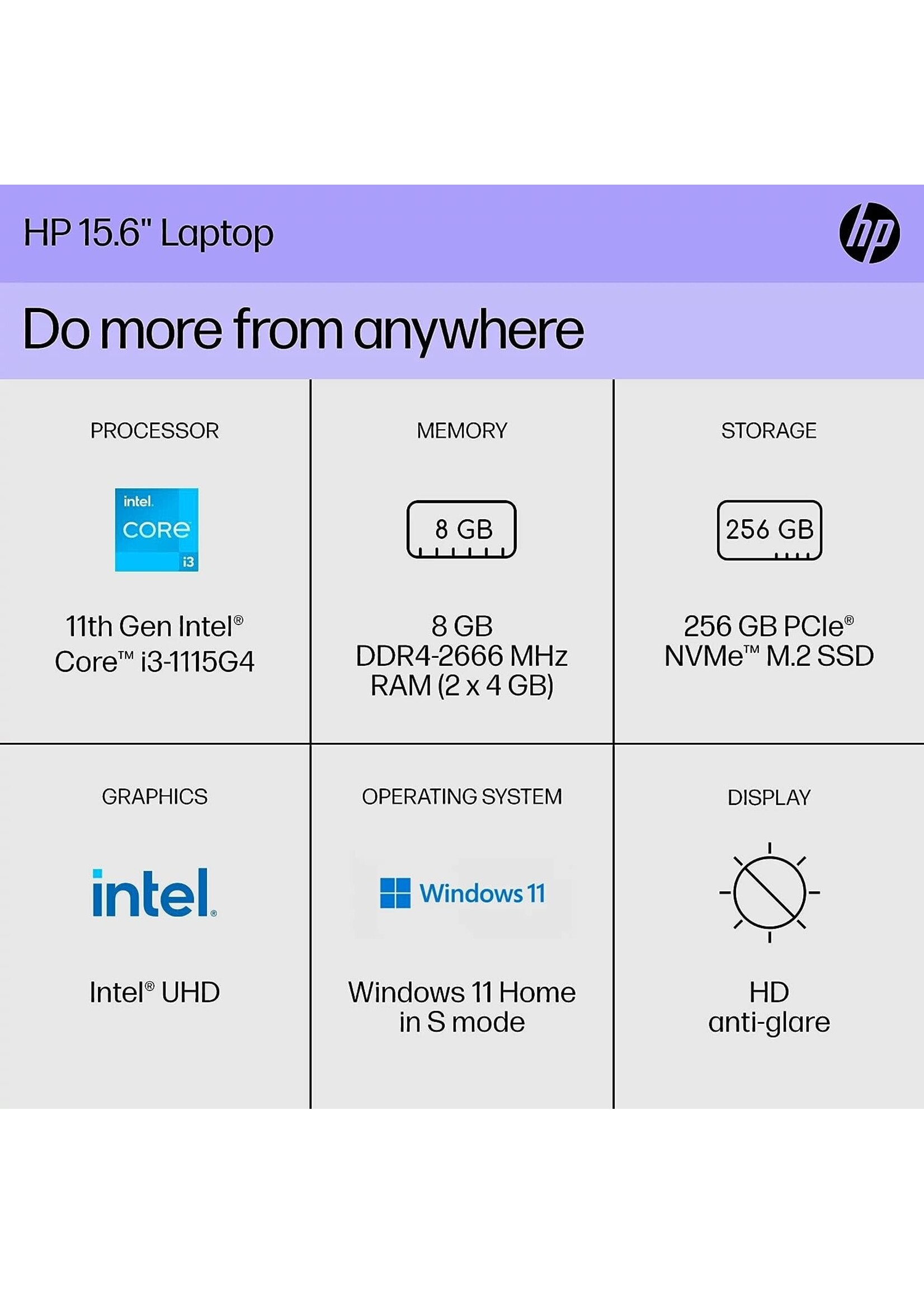 Hp HP LAPTOP 15-DY2792WM INTEL CORE i3-1115G4 256GB SSD, 8GB DDR4 SDRAM, 15.6" HD LED DISPLAY