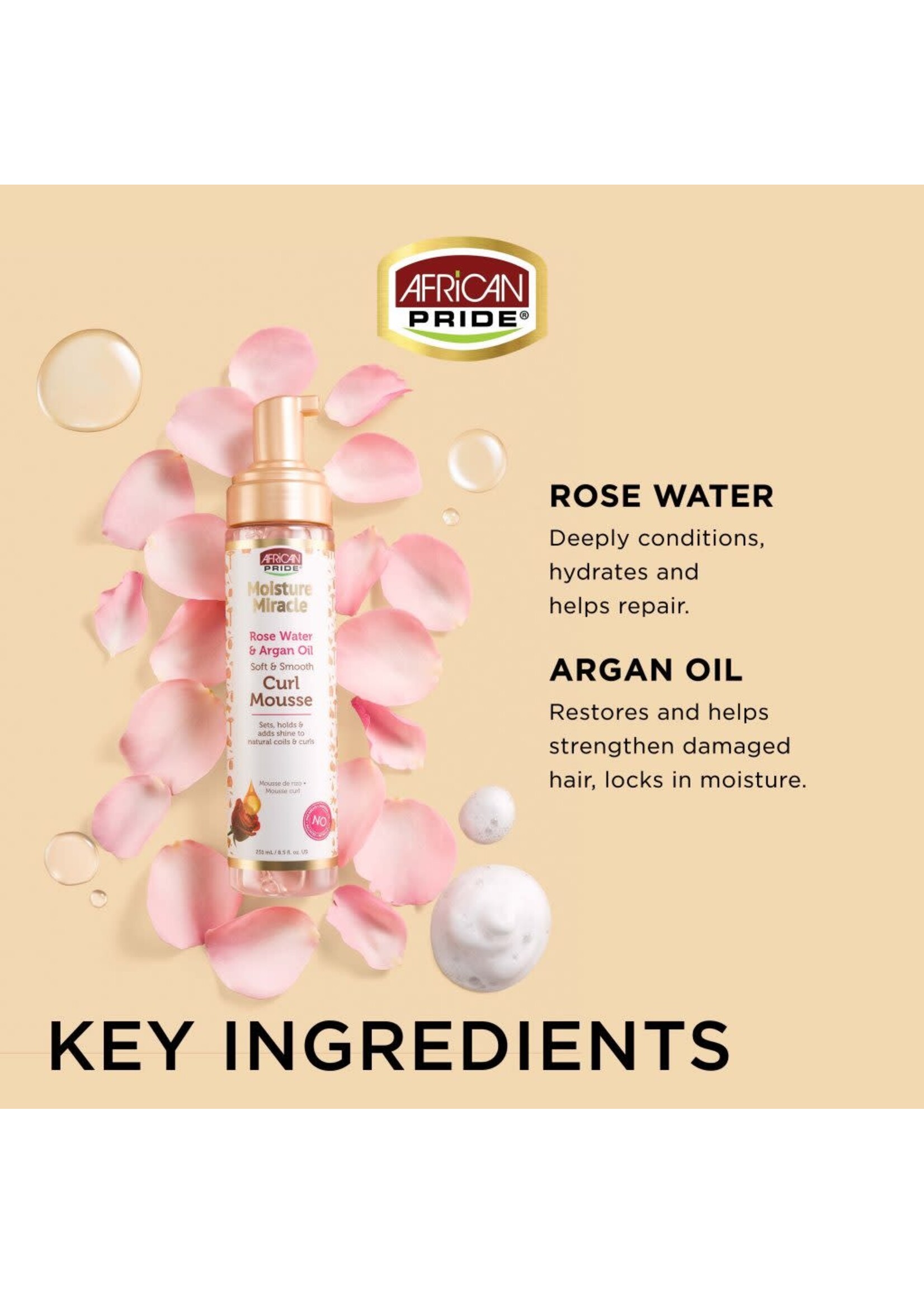 AFRICAN PRIDE AFRICAN PRIDE  MOISTURE MIRACLE ROSE WATER  & ARGAN OIL CURL MOUSSE 251ML