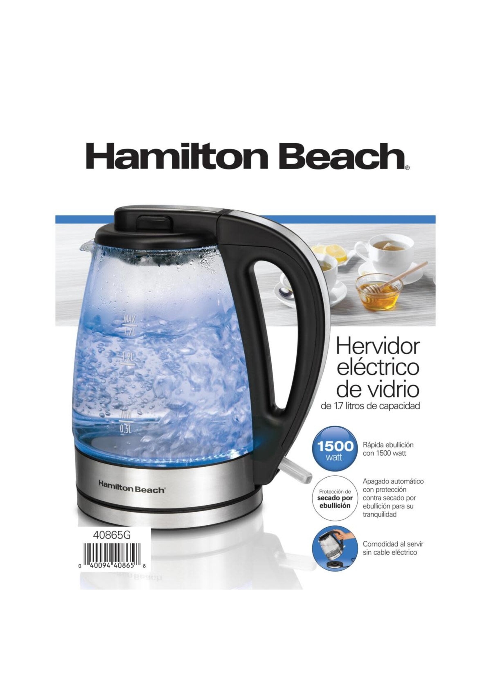 HAMILTON BEACH GLASS ELECTRIC  KETTLE 1.7 40865G