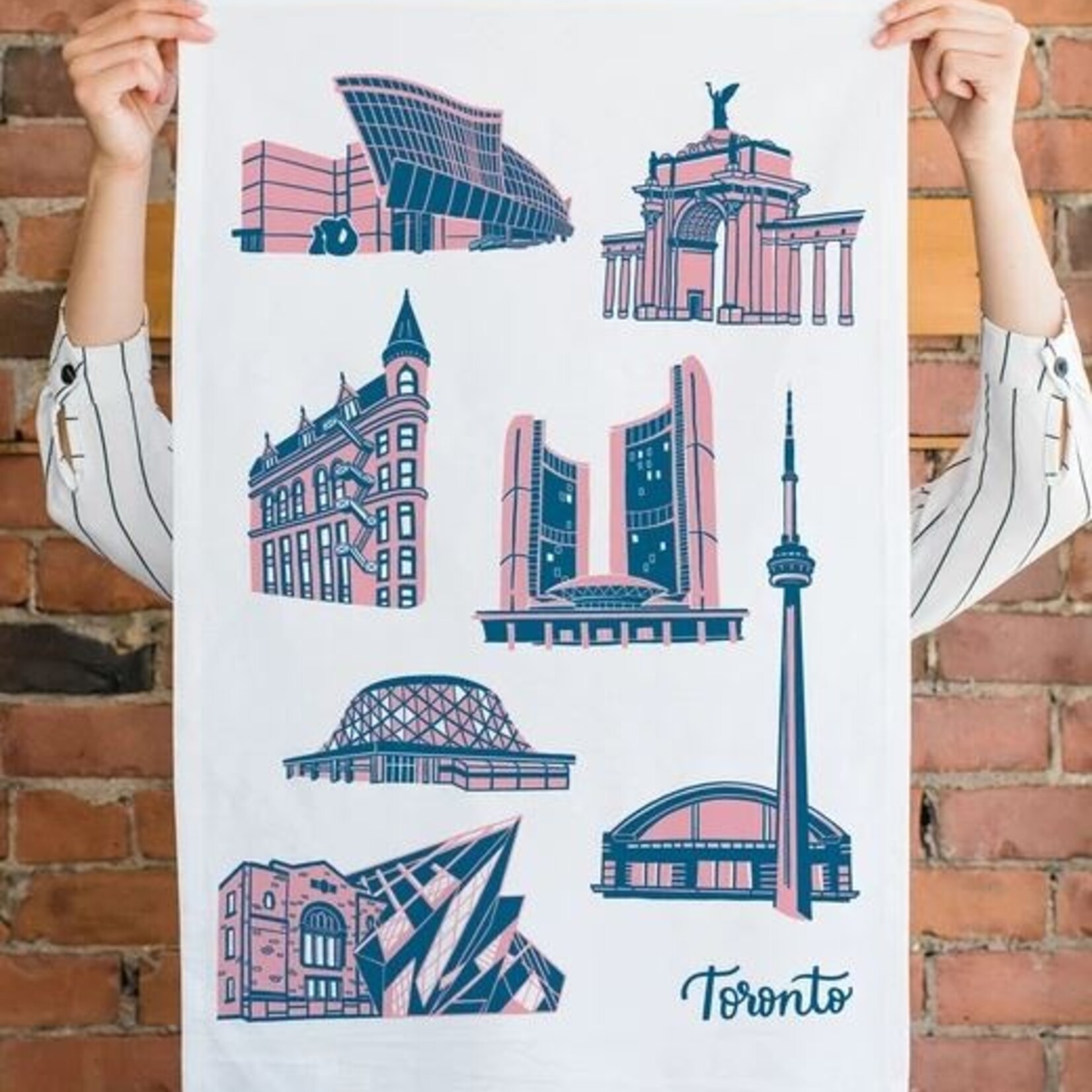 Tea Towel - Pink + Blue Toronto Landmarks (by Gotamago)