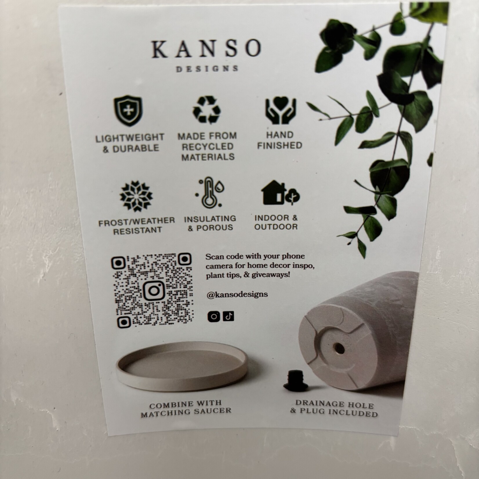 Kanso Designs Upcycled Cylinder Pot with Saucer by Kanso Designs - Stone (fits 15")