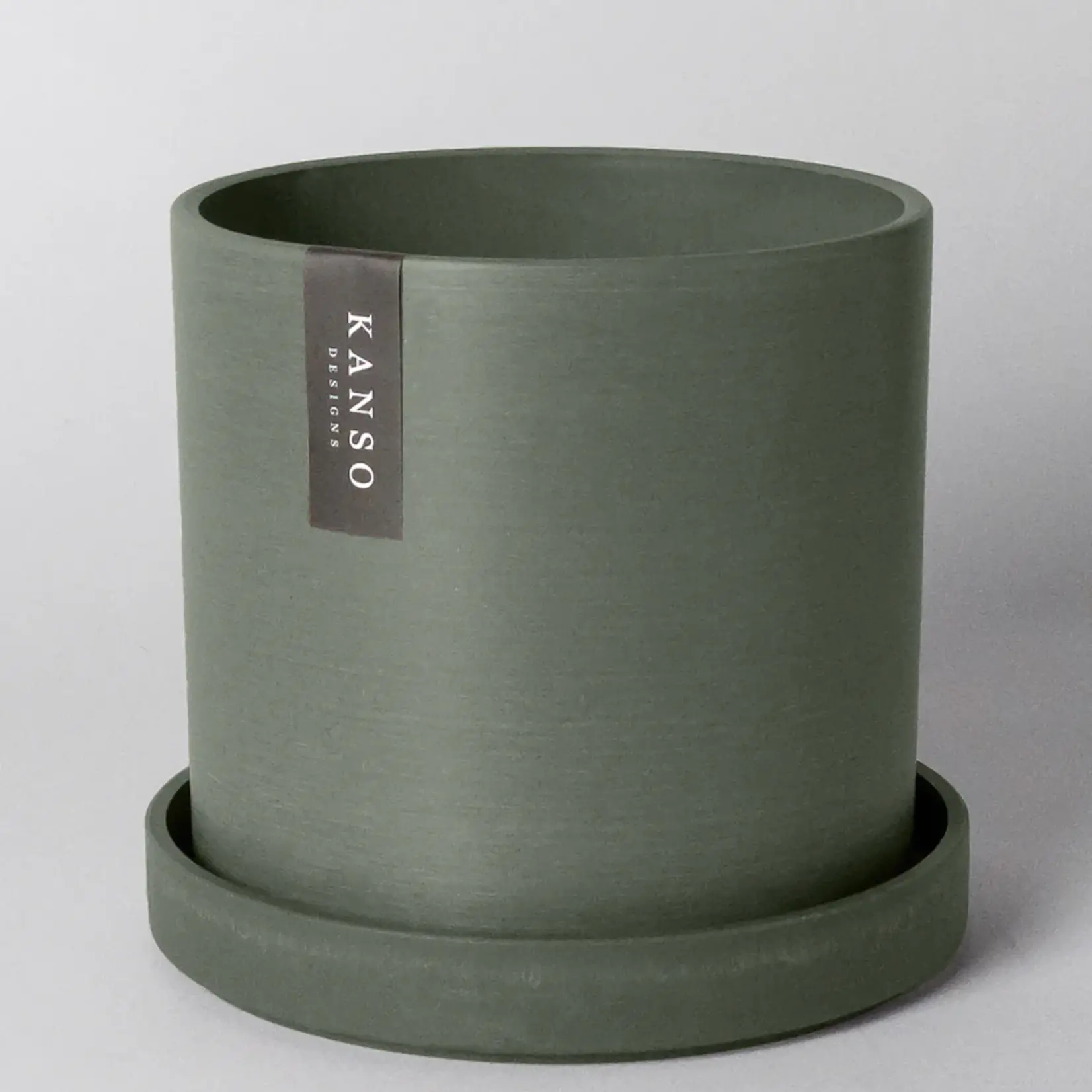 Upcycled Cylinder Pot with Saucer by Kanso Designs - Olive Green (fits 12")