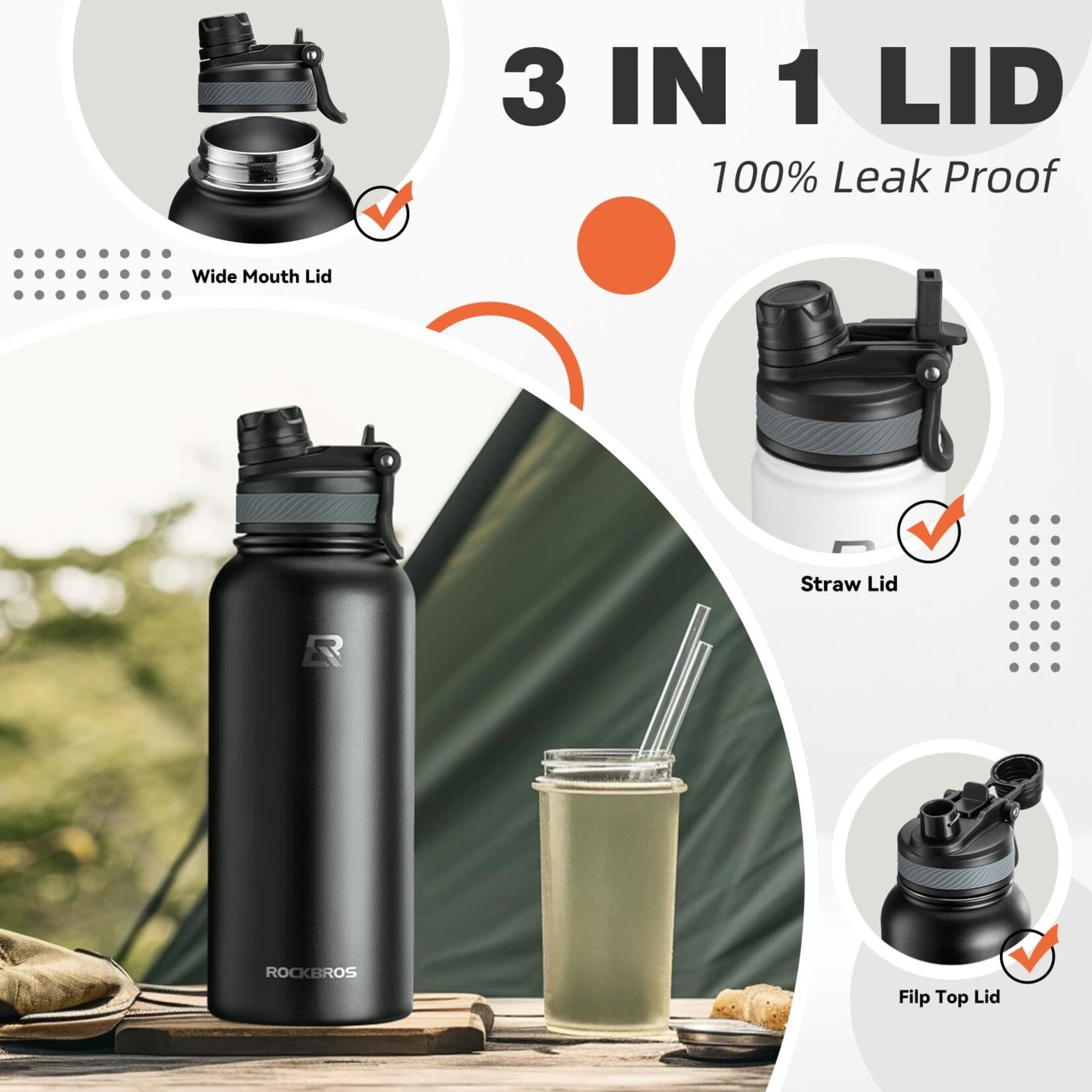 ROCKBROS Termo de agua térmico para ciclismo hervidor aislado de gran capacidad de 1.2L. Rockbros