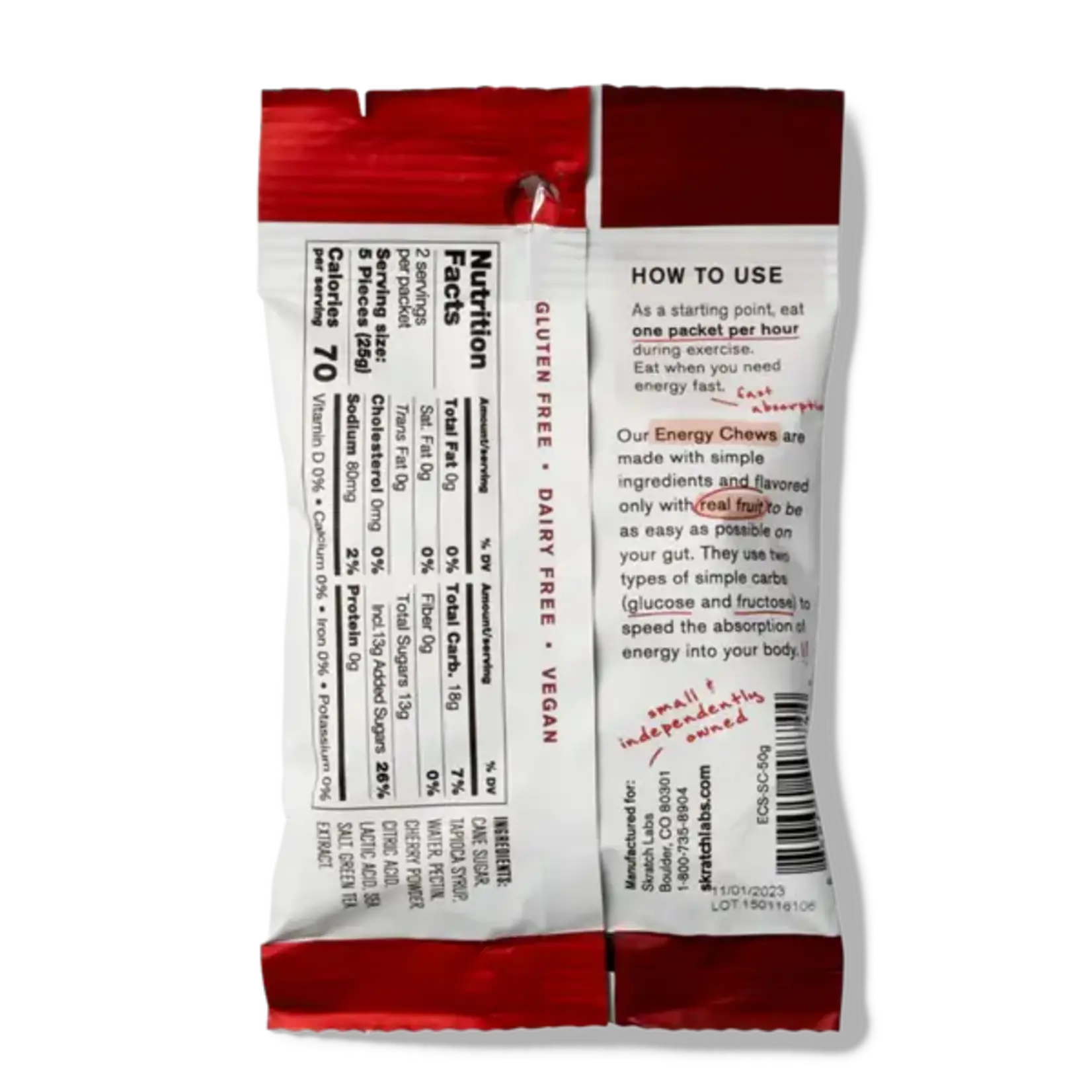 SKRATCH LABS. Skratch Labs Energy Chews . Sabor Sour cherry c/ cafeína 50gr c /10pzas.