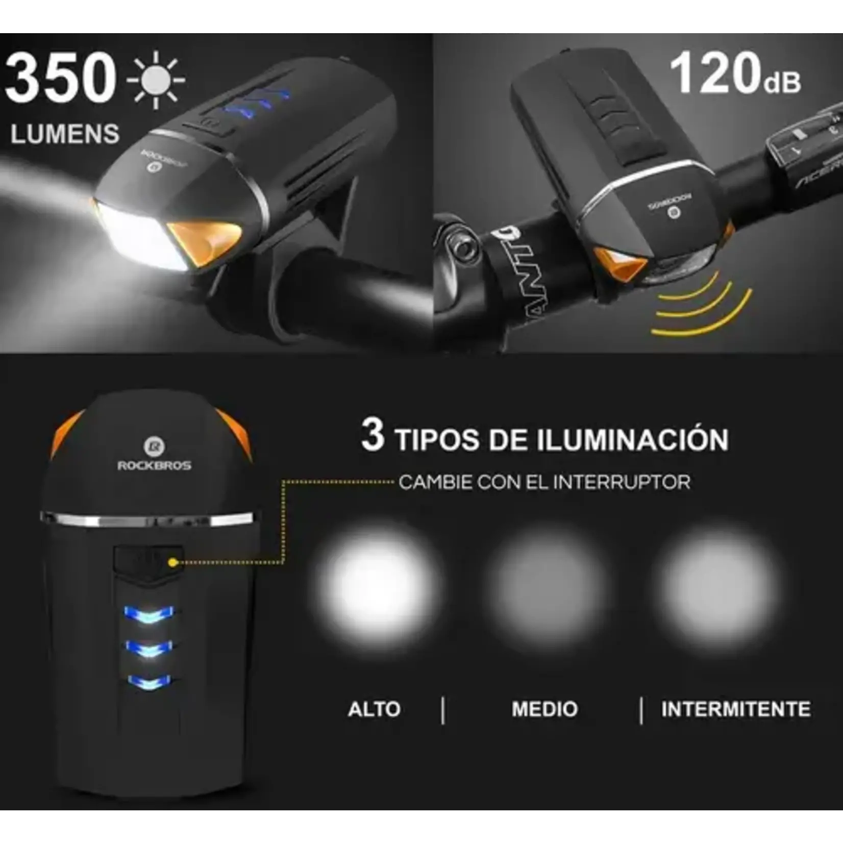 Lámpara frontal de bicicleta recargable 350 lúmenes con control para direccionales . Rockbros