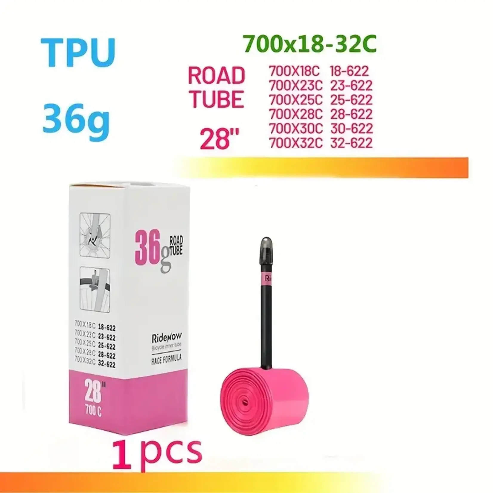 RIDENOW Camara para bicicleta TPU RideNow 36g. 700c/18c-32c/ Válvula 85mm.