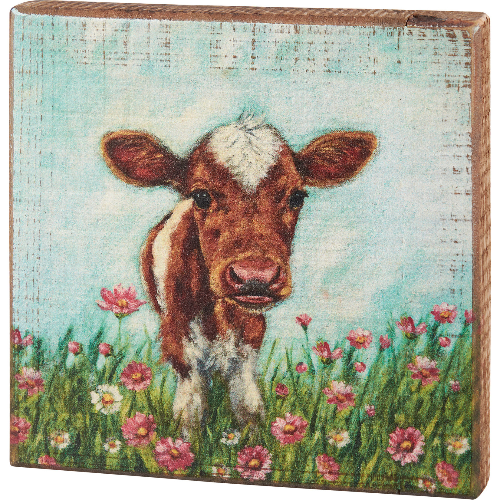 Prim By Kathy Calf In Flowers Block Sign
