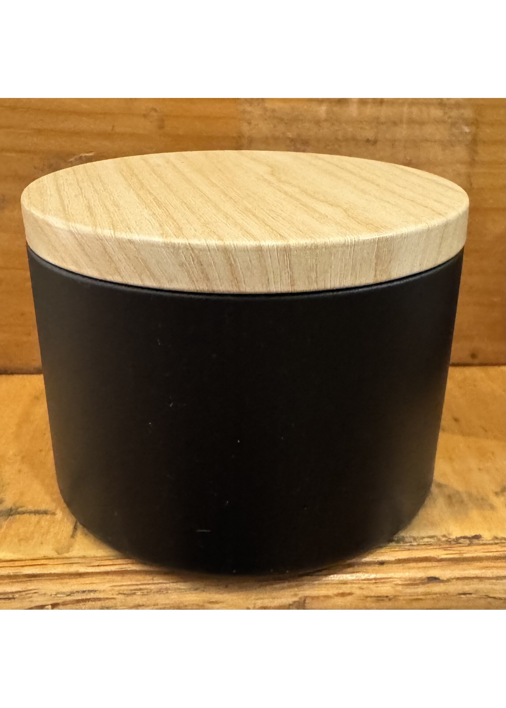 Tin 8oz Black with wood like lid