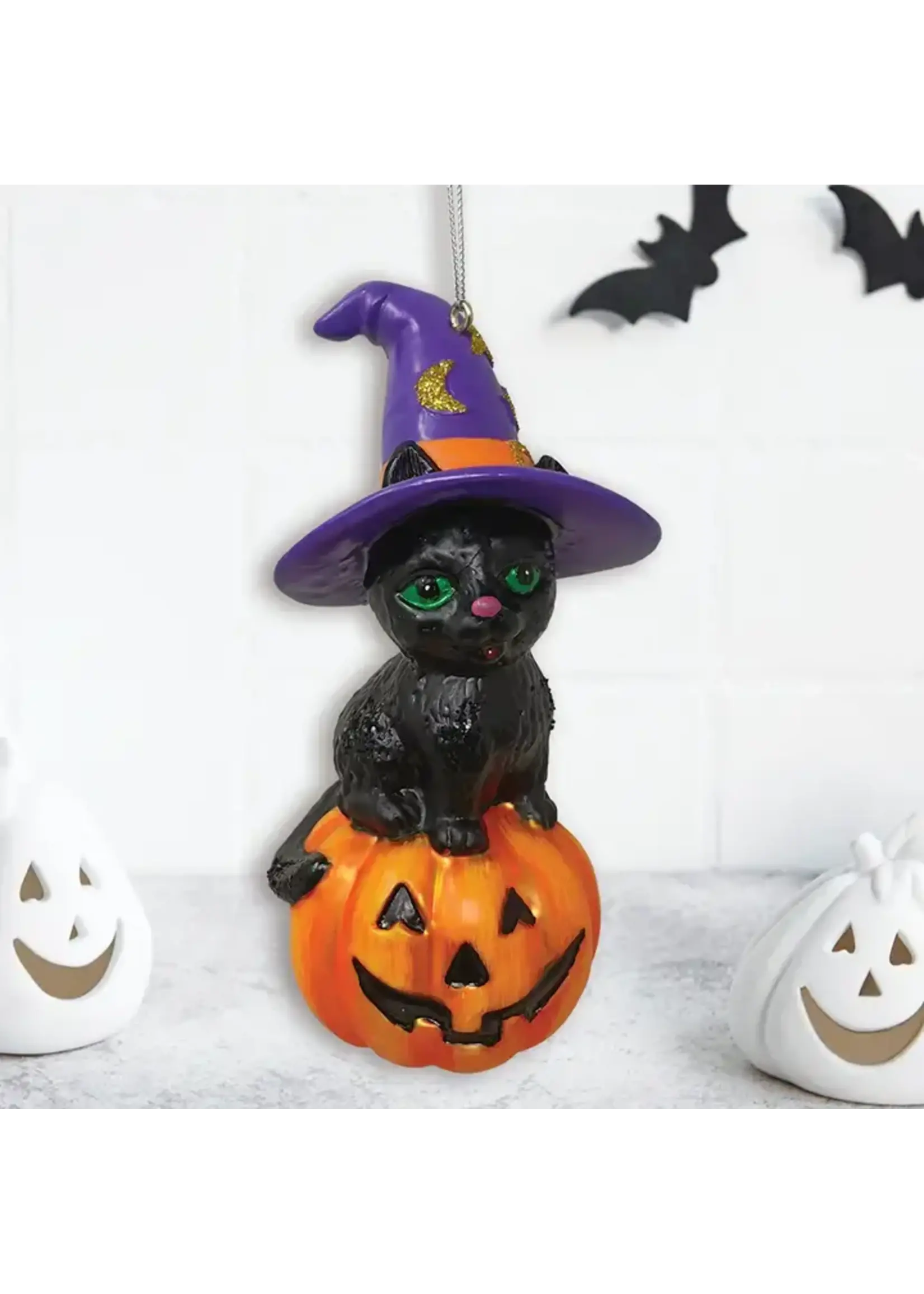 Ornament Black Cat on Spooky Glass Pumpkin  G-154