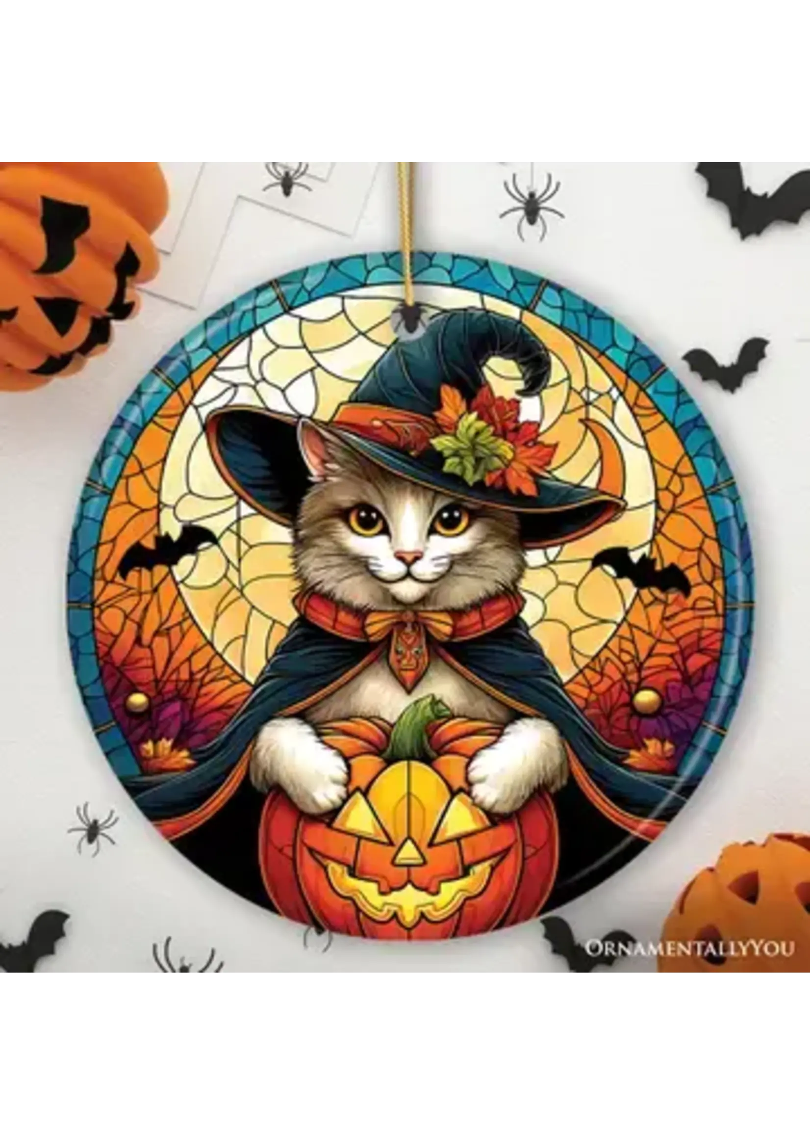 Ornament Enchanted Cat Witch Stained Glass 1861