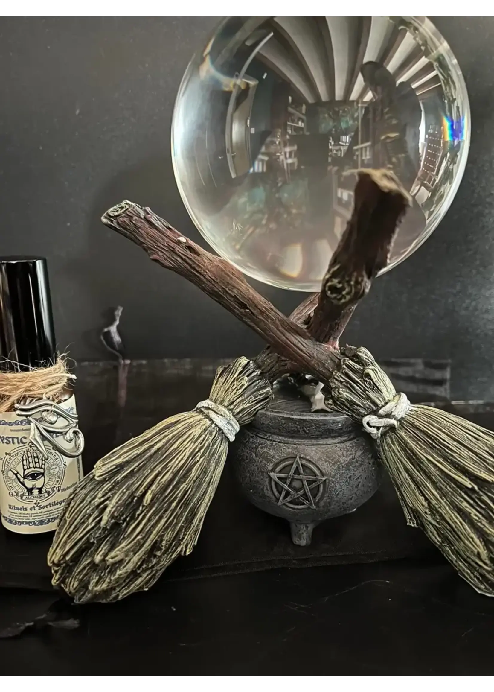 Crystal Ball with Cauldr and Brooms Stand