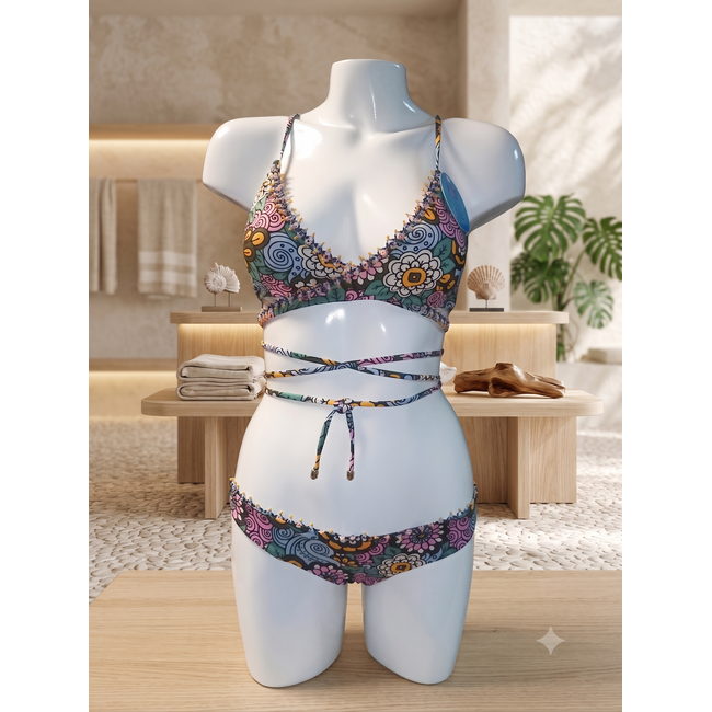 SWIMWEAR- BIKINI CROSSED - REVERSIBLE - GROOVY FLOWERS