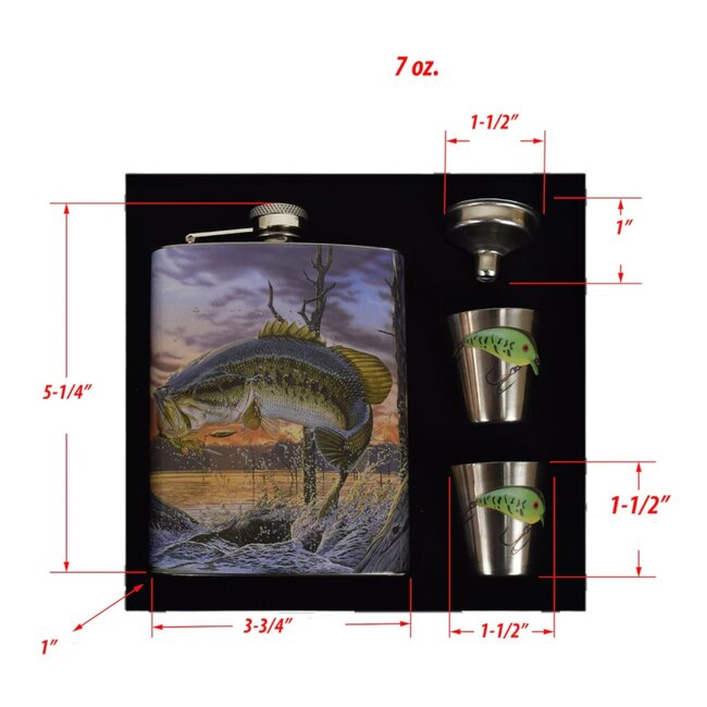 Rivers Edge Flask and Shooter Glasses Set Largemouth Bass